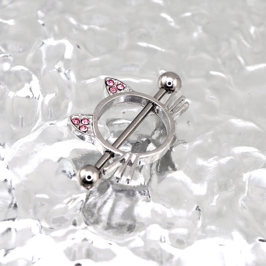 Pink CZ Cat Head stainless steel Nipple Rings - Pink CZ Cat Head stainless steel Nipple Rings - Single by CRUXJEWELRY