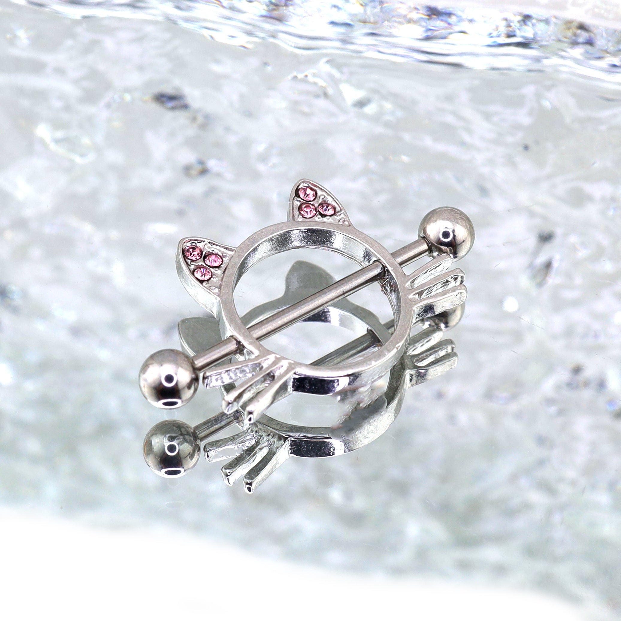Pink CZ Cat Head stainless steel Nipple Rings - Pink CZ Cat Head stainless steel Nipple Rings - Single by CRUXJEWELRY