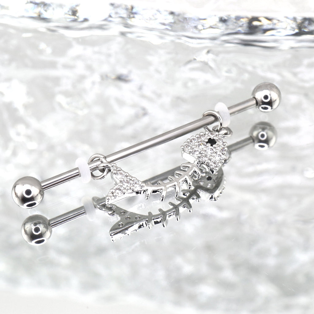 Fishbone CZ Stainless Steel Industrial Barbell - Fishbone CZ Stainless Steel Industrial Barbell - 34mm by CRUXJEWELRY
