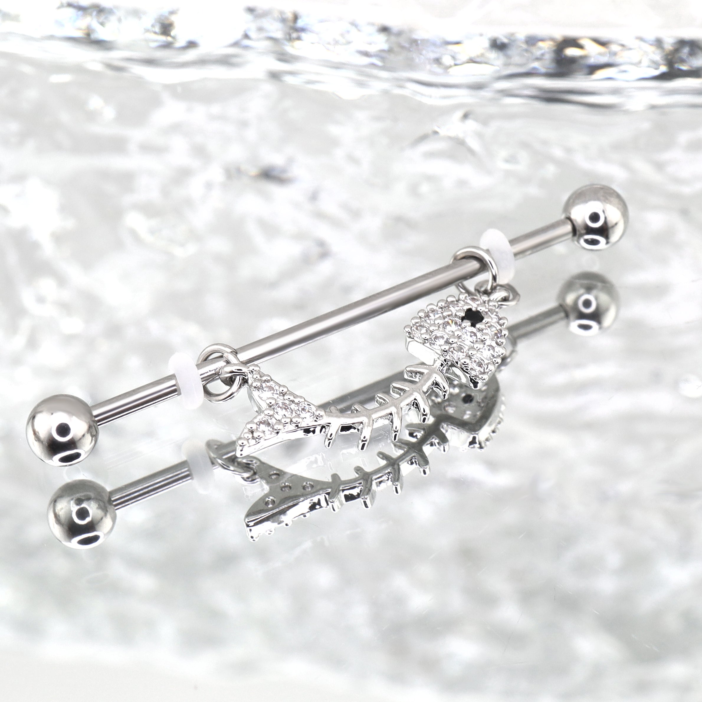 Fishbone CZ Stainless Steel Industrial Barbell - Fishbone CZ Stainless Steel Industrial Barbell - 34mm by CRUXJEWELRY