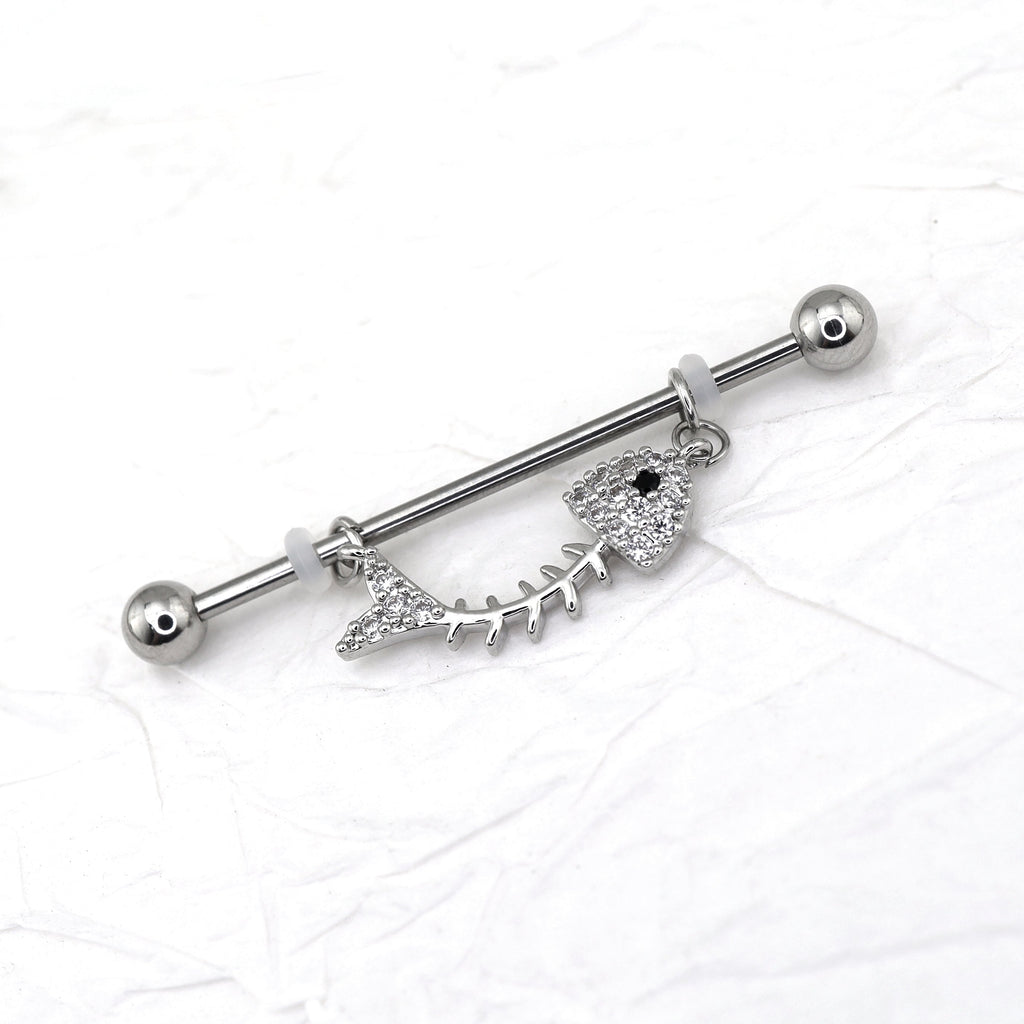 Fishbone CZ Stainless Steel Industrial Barbell - Fishbone CZ Stainless Steel Industrial Barbell - 34mm by CRUXJEWELRY