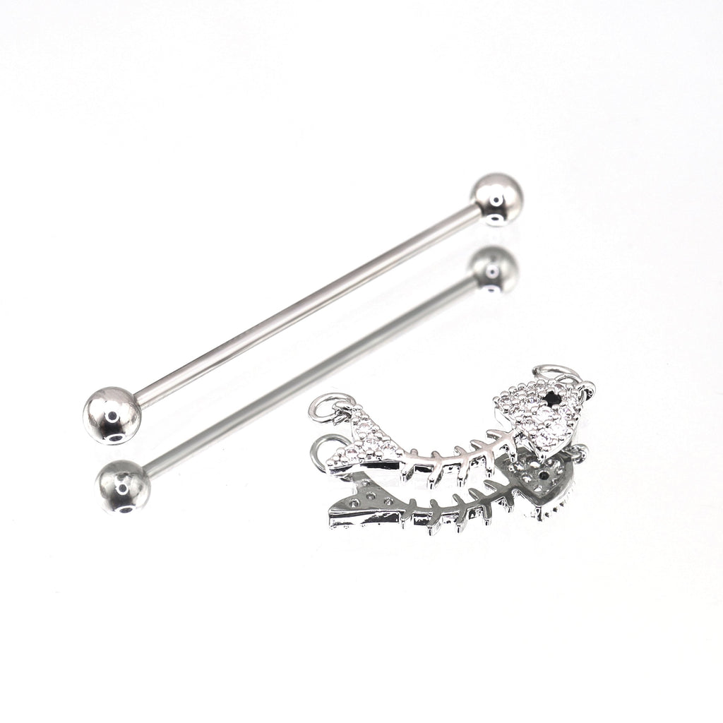 Fishbone CZ Stainless Steel Industrial Barbell - Fishbone CZ Stainless Steel Industrial Barbell - 34mm by CRUXJEWELRY