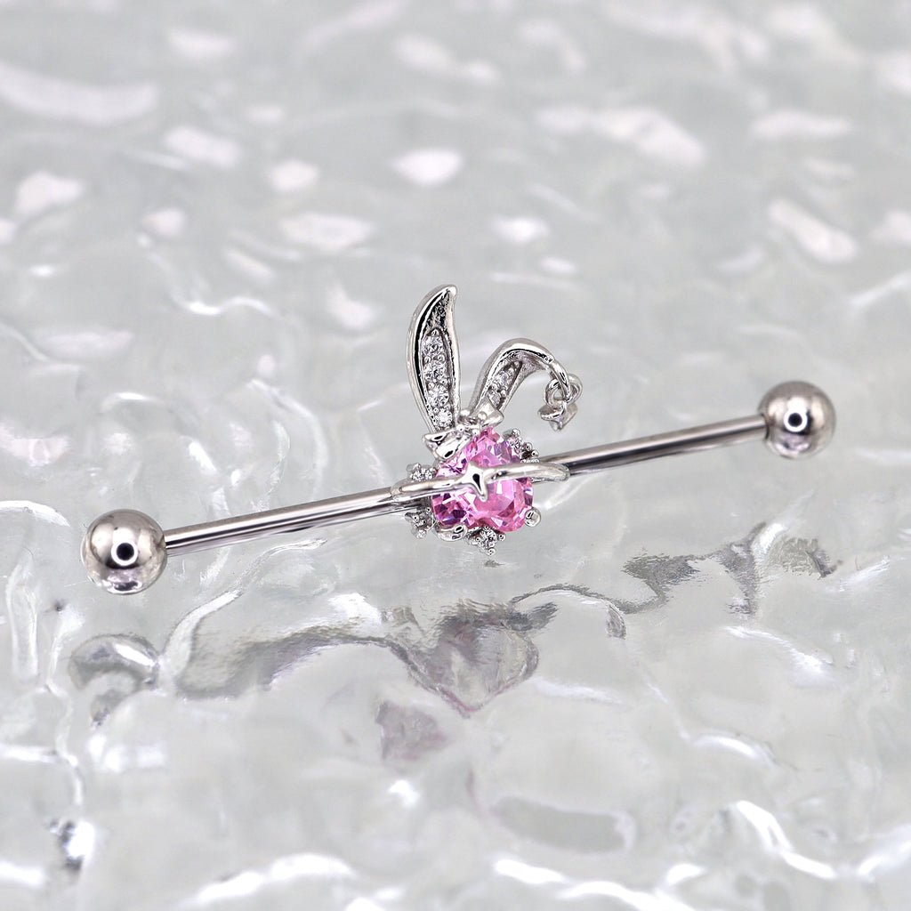 Pink CZ Bunny stainless steel Industrial Barbell - Pink CZ Bunny stainless steel Industrial Barbell - 34mm by CRUXJEWELRY