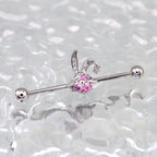 Pink CZ Bunny stainless steel Industrial Barbell - Pink CZ Bunny stainless steel Industrial Barbell - 34mm by CRUXJEWELRY