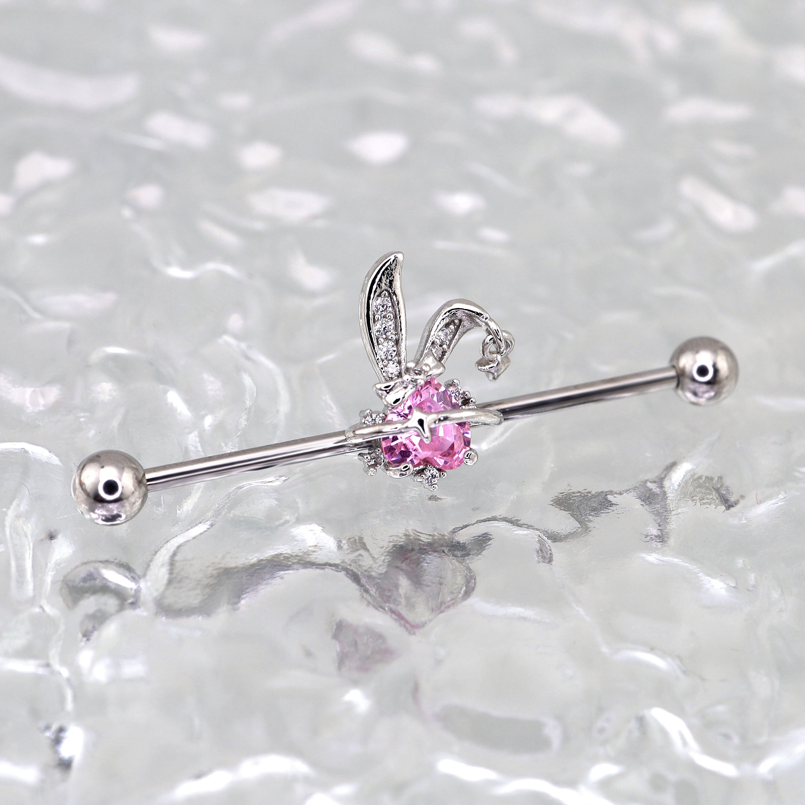 Pink CZ Bunny stainless steel Industrial Barbell - Pink CZ Bunny stainless steel Industrial Barbell - 34mm by CRUXJEWELRY