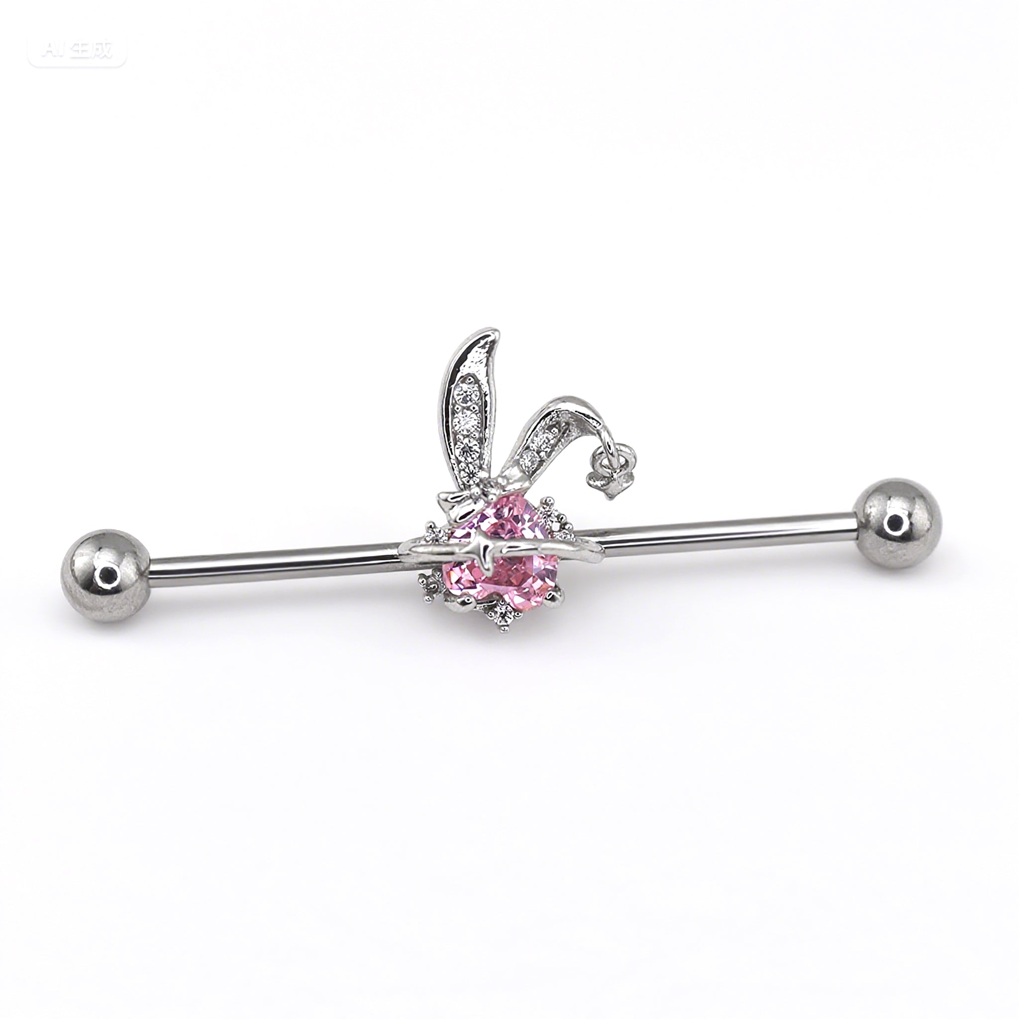 Pink CZ Bunny stainless steel Industrial Barbell - Pink CZ Bunny stainless steel Industrial Barbell - 34mm by CRUXJEWELRY