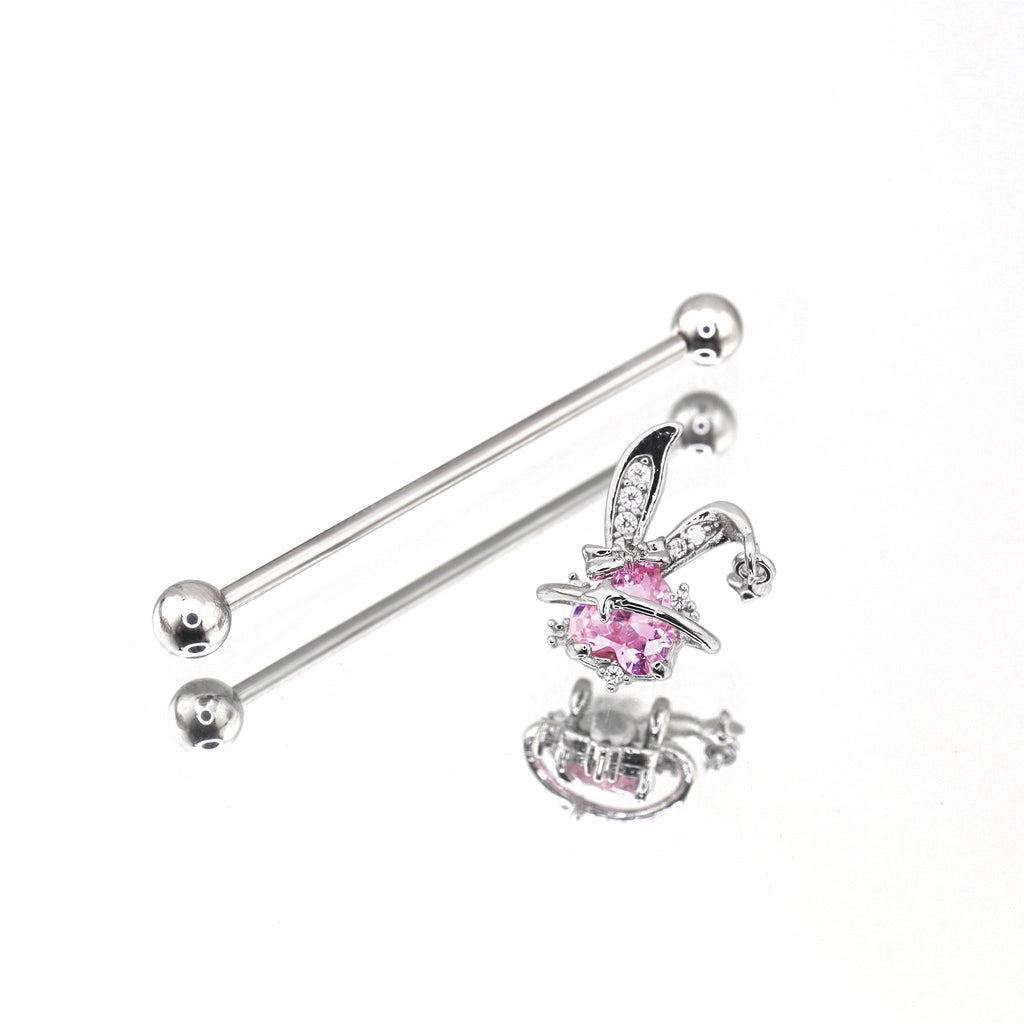 Pink CZ Bunny stainless steel Industrial Barbell - Pink CZ Bunny stainless steel Industrial Barbell - 34mm by CRUXJEWELRY