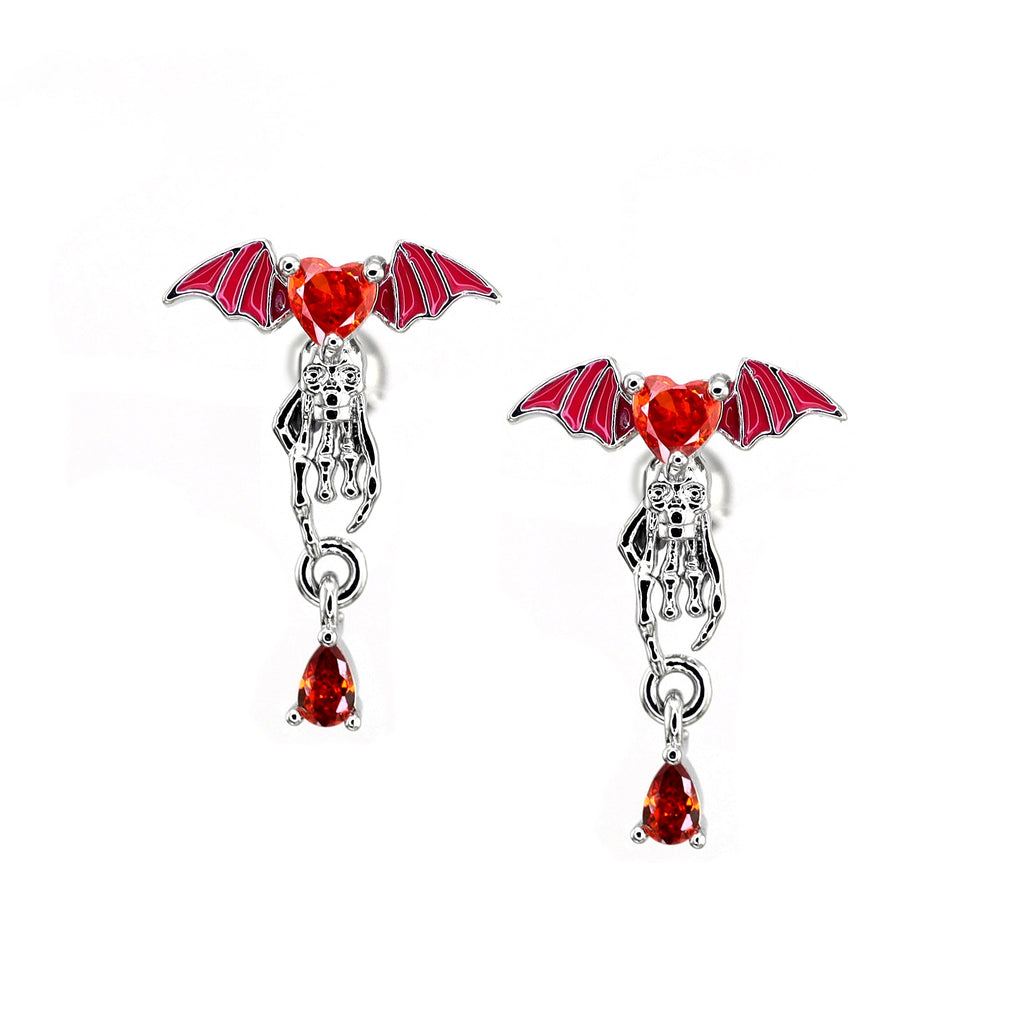 Red CZ Bat & Skull Dangle white-gold-plated copper Ear Studs - Red CZ Bat & Skull Dangle white-gold-plated copper Ear Studs - Single by CRUXJEWELRY
