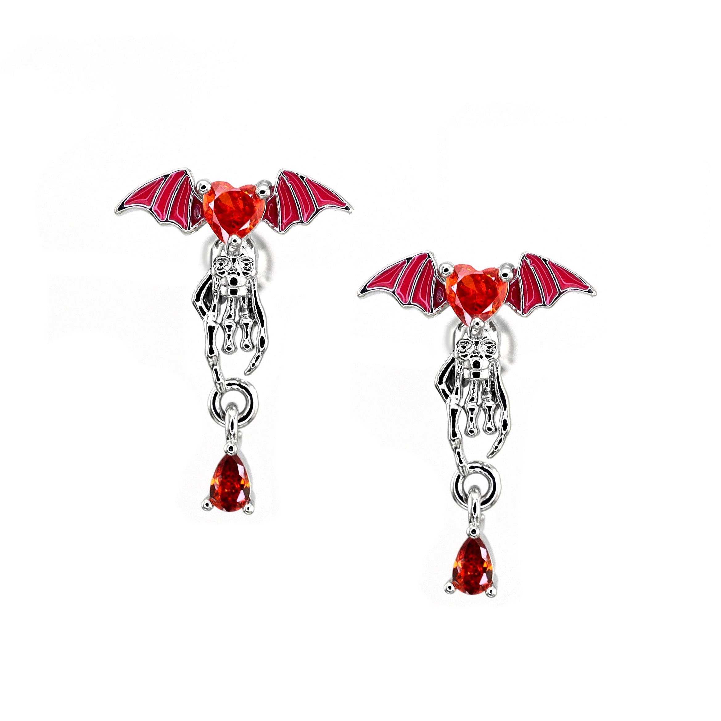 Red CZ Bat & Skull Dangle white-gold-plated copper Ear Studs - Red CZ Bat & Skull Dangle white-gold-plated copper Ear Studs - Single by CRUXJEWELRY