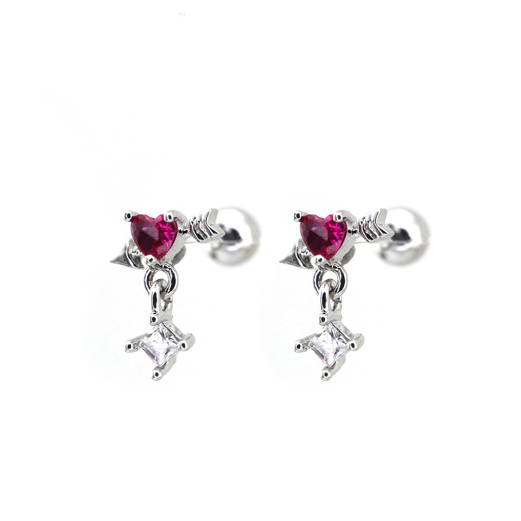 20G Arrow Through Pink Heart CZ Dangle Ear Studs - 20G Arrow Through Pink Heart CZ Dangle Ear Studs - Pink / Single by CRUXJEWELRY