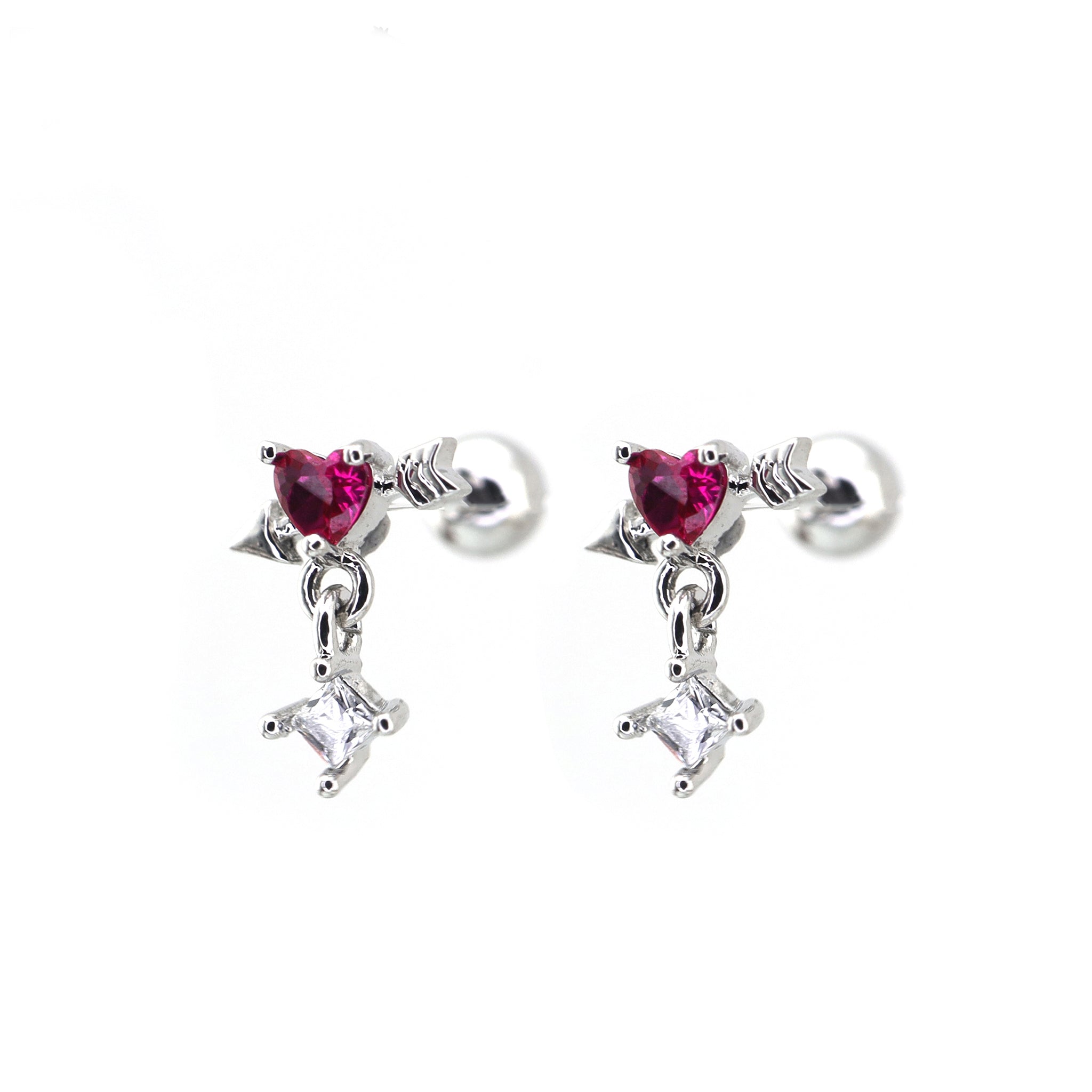 20G Arrow Through Pink Heart CZ Dangle Ear Studs - 20G Arrow Through Pink Heart CZ Dangle Ear Studs - Pink / Single by CRUXJEWELRY