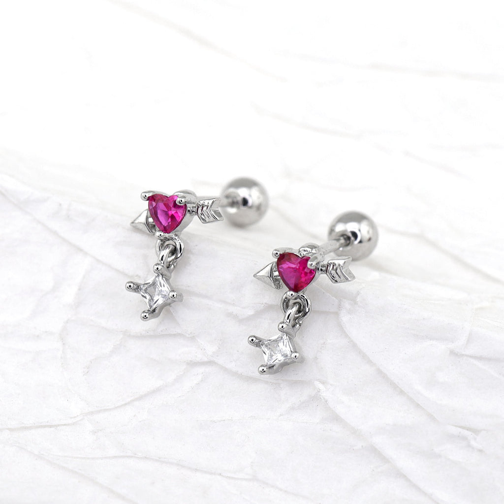 20G Arrow Through Pink Heart CZ Dangle Ear Studs - 20G Arrow Through Pink Heart CZ Dangle Ear Studs - Red / Set by CRUXJEWELRY