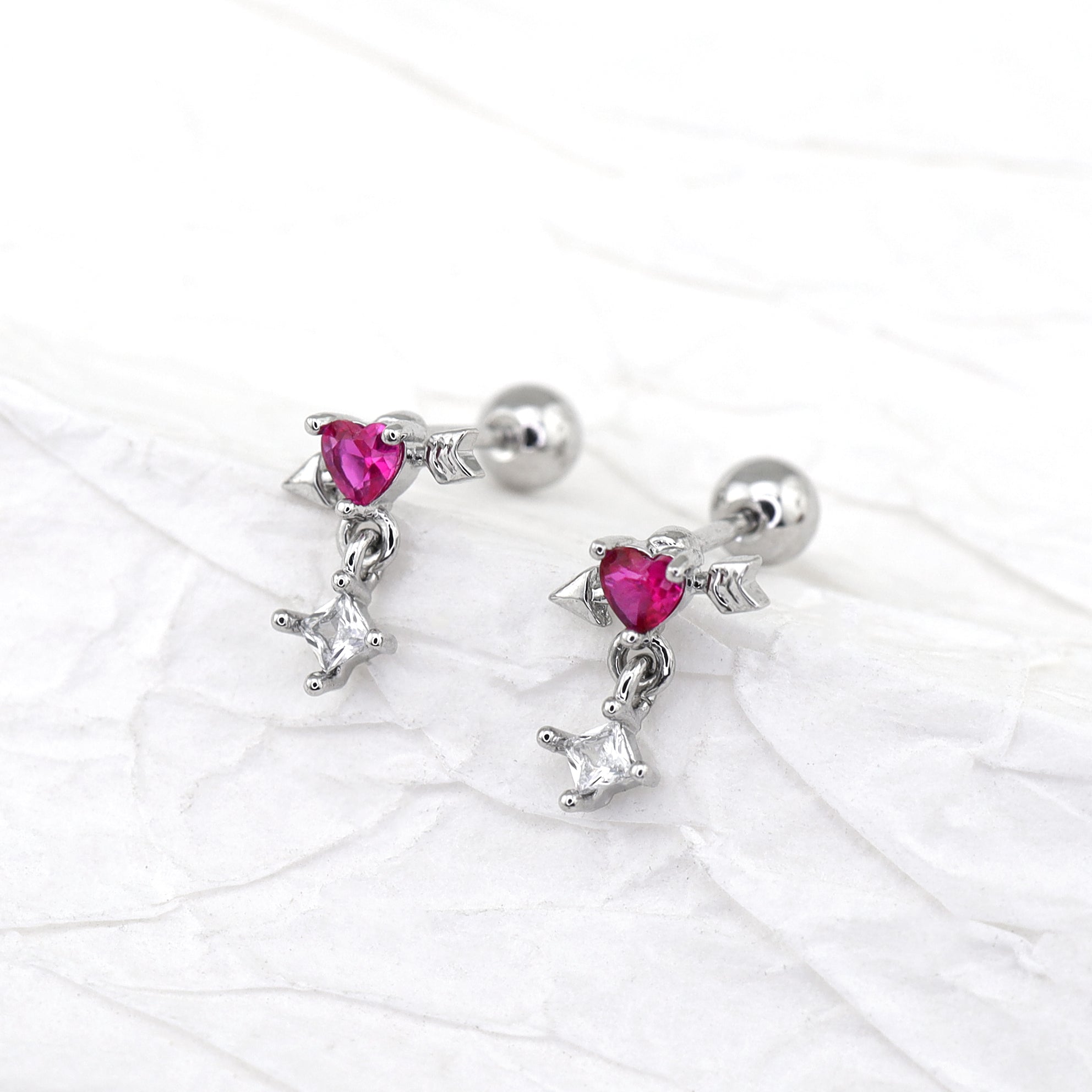 20G Arrow Through Pink Heart CZ Dangle Ear Studs - 20G Arrow Through Pink Heart CZ Dangle Ear Studs - Red / Set by CRUXJEWELRY