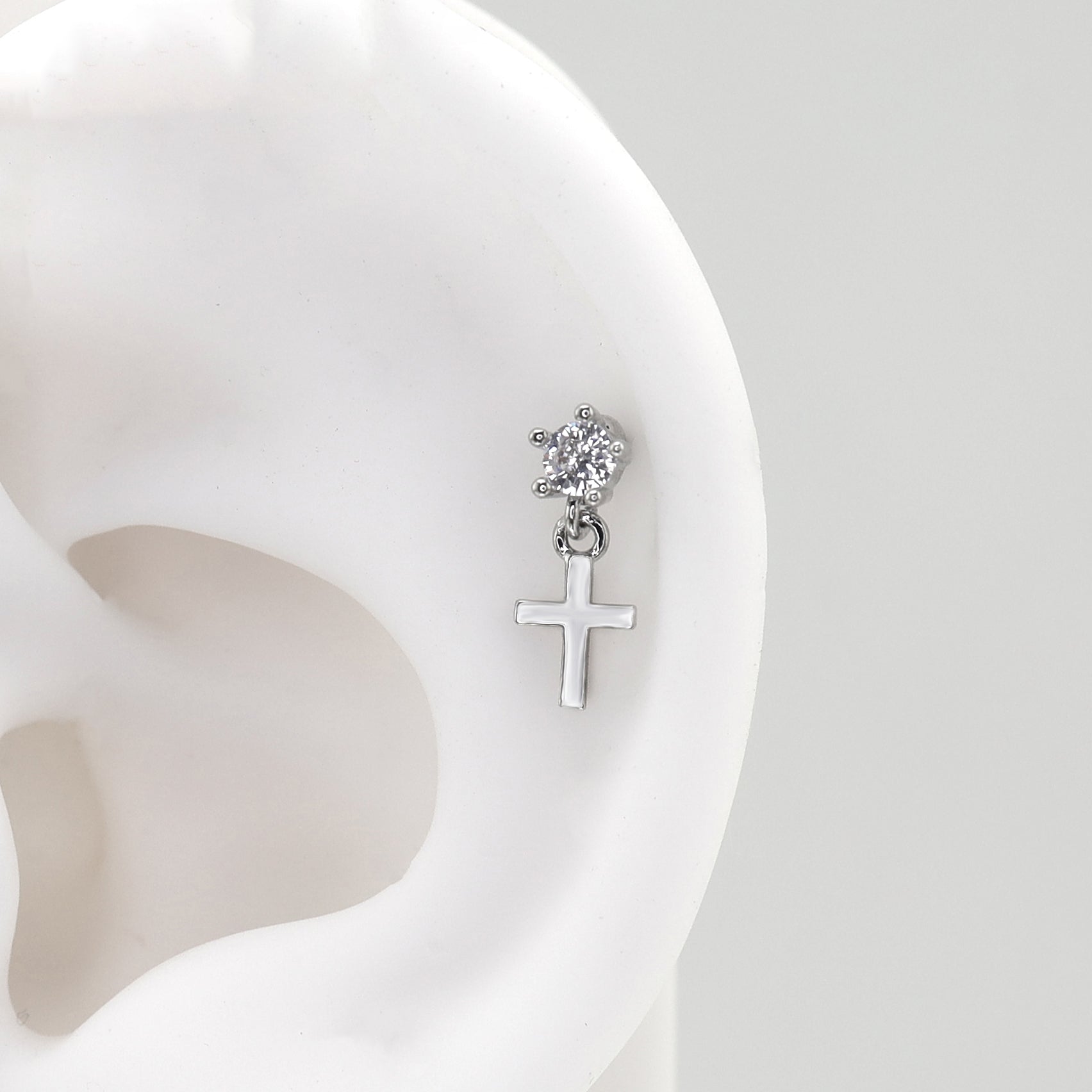 Pendant Cross CZ Stainless Steel Ear Studs - Pendant Cross CZ Stainless Steel Ear Studs - Single by CRUXJEWELRY