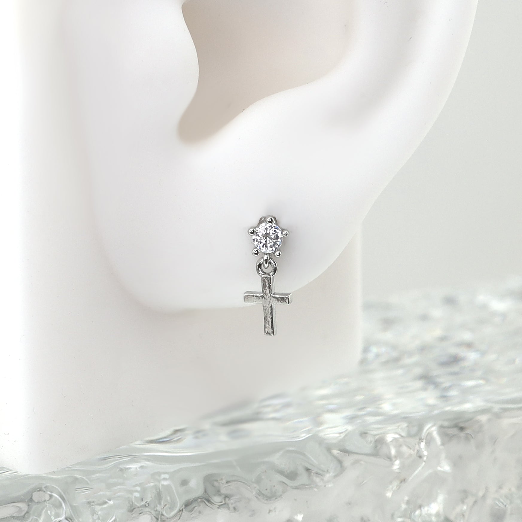 Pendant Cross CZ Stainless Steel Ear Studs - Pendant Cross CZ Stainless Steel Ear Studs - Single by CRUXJEWELRY