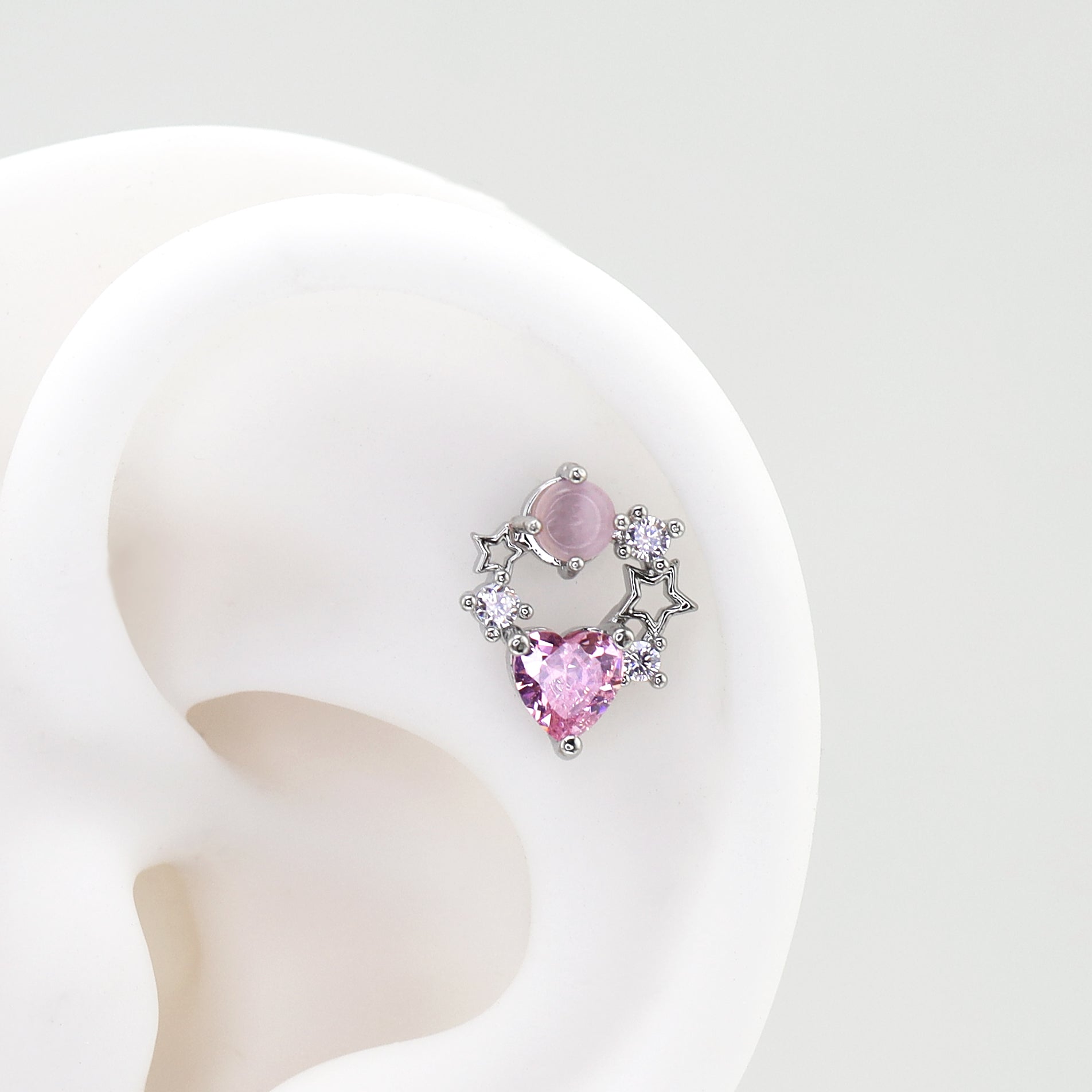 Pink CZ Cat's Eye Floral Halo white-gold-plated copper Ear Studs - Pink CZ Cat's Eye Floral Halo white-gold-plated copper Ear Studs - Single by CRUXJEWELRY