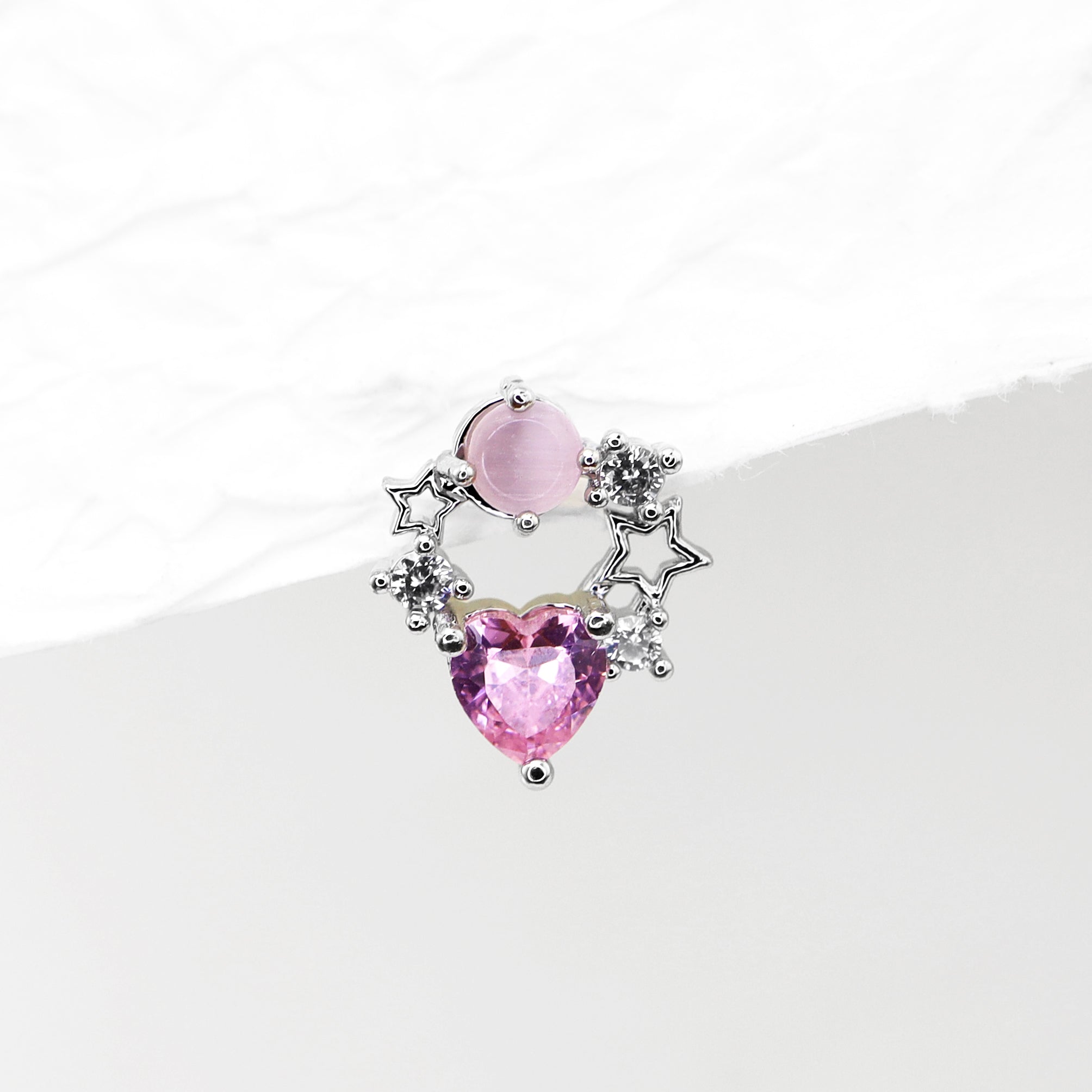 Pink CZ Cat's Eye Floral Halo white-gold-plated copper Ear Studs - Pink CZ Cat's Eye Floral Halo white-gold-plated copper Ear Studs - Single by CRUXJEWELRY