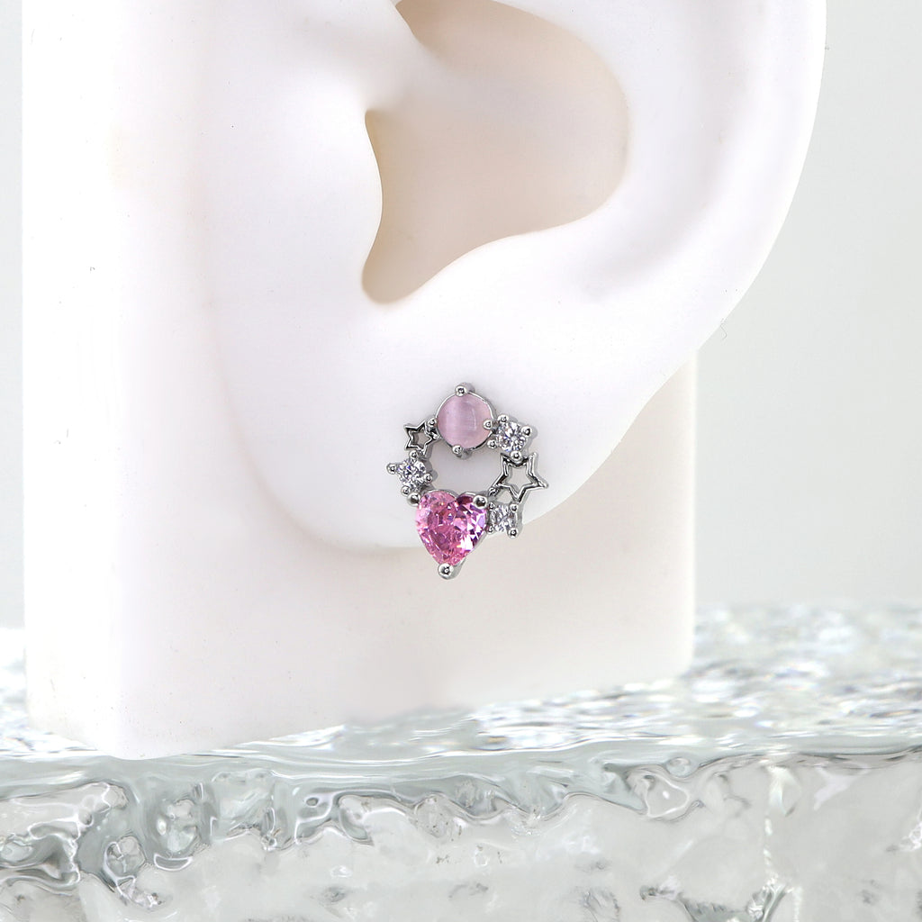 Pink CZ Cat's Eye Floral Halo white-gold-plated copper Ear Studs - Pink CZ Cat's Eye Floral Halo white-gold-plated copper Ear Studs - Single by CRUXJEWELRY