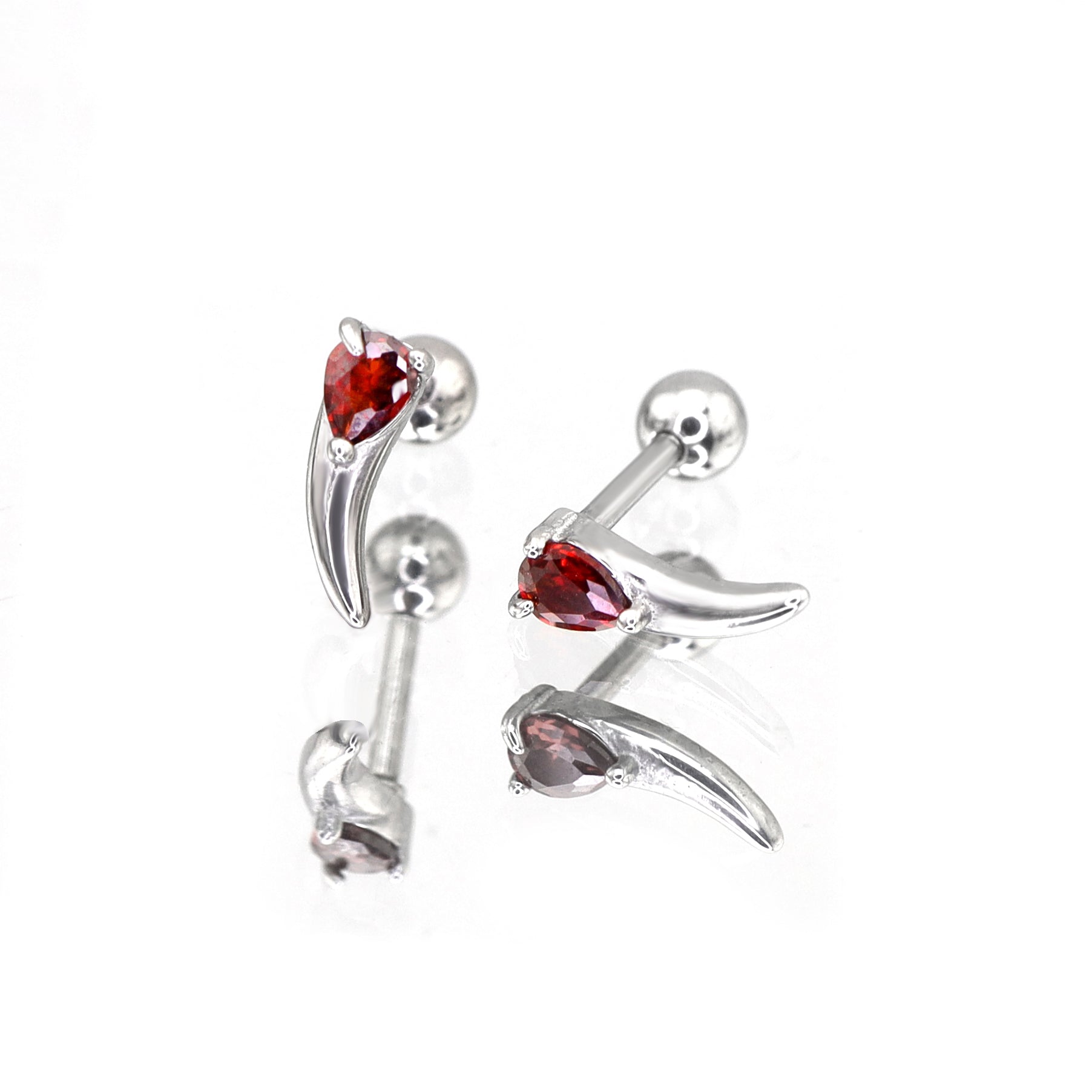 Heart Red CZ Dragon Fang Stainless Steel Ear Stud - Heart Red CZ Dragon Fang Stainless Steel Ear Stud - Set by CRUXJEWELRY