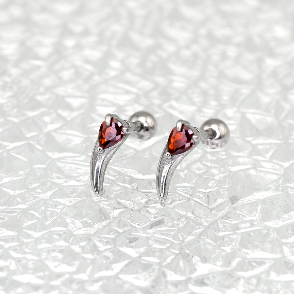Heart Red CZ Dragon Fang Stainless Steel Ear Stud - Heart Red CZ Dragon Fang Stainless Steel Ear Stud - Single by CRUXJEWELRY