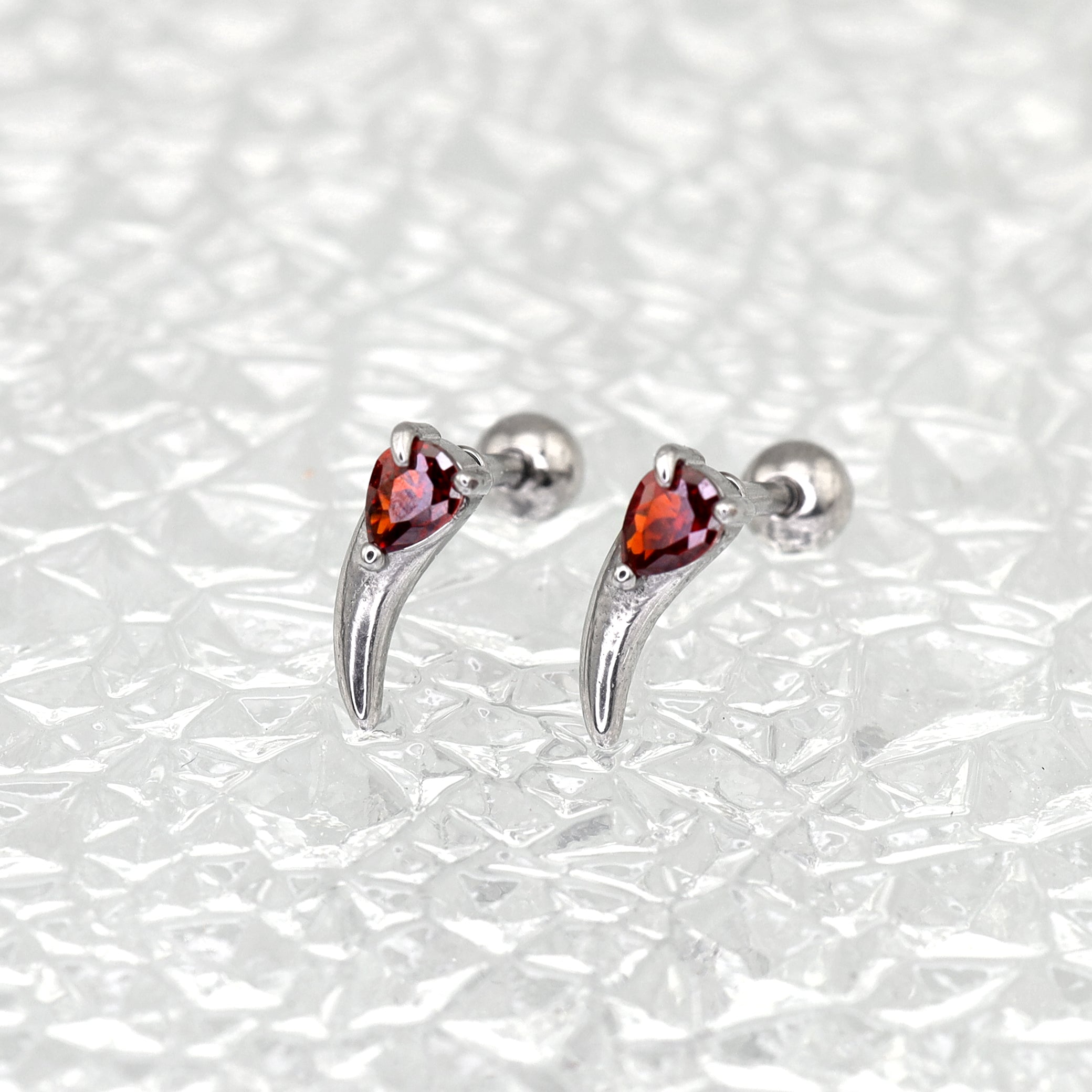 Heart Red CZ Dragon Fang Stainless Steel Ear Stud - Heart Red CZ Dragon Fang Stainless Steel Ear Stud - Single by CRUXJEWELRY