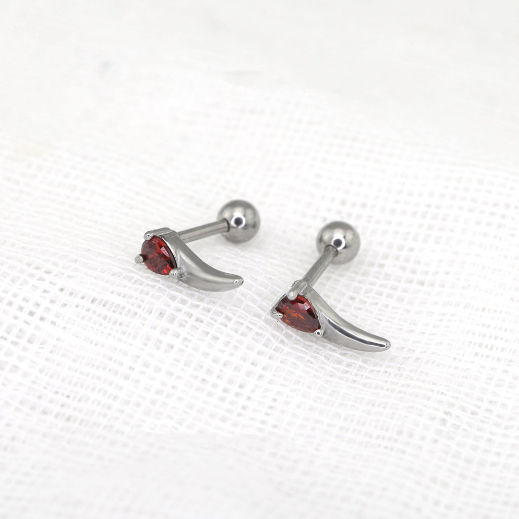 Heart Red CZ Dragon Fang Stainless Steel Ear Stud - Heart Red CZ Dragon Fang Stainless Steel Ear Stud - Single by CRUXJEWELRY