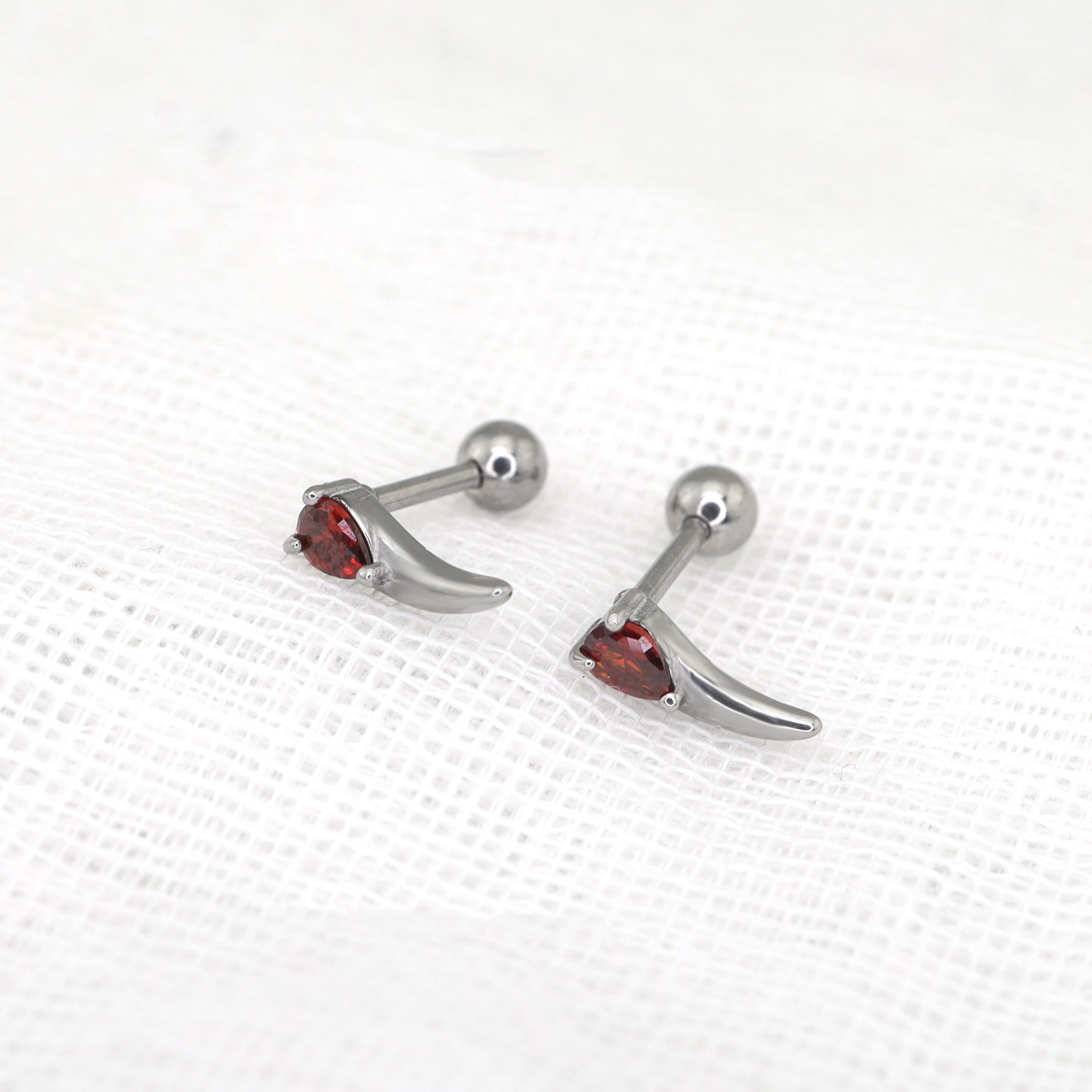 Heart Red CZ Dragon Fang Stainless Steel Ear Stud - Heart Red CZ Dragon Fang Stainless Steel Ear Stud - Single by CRUXJEWELRY