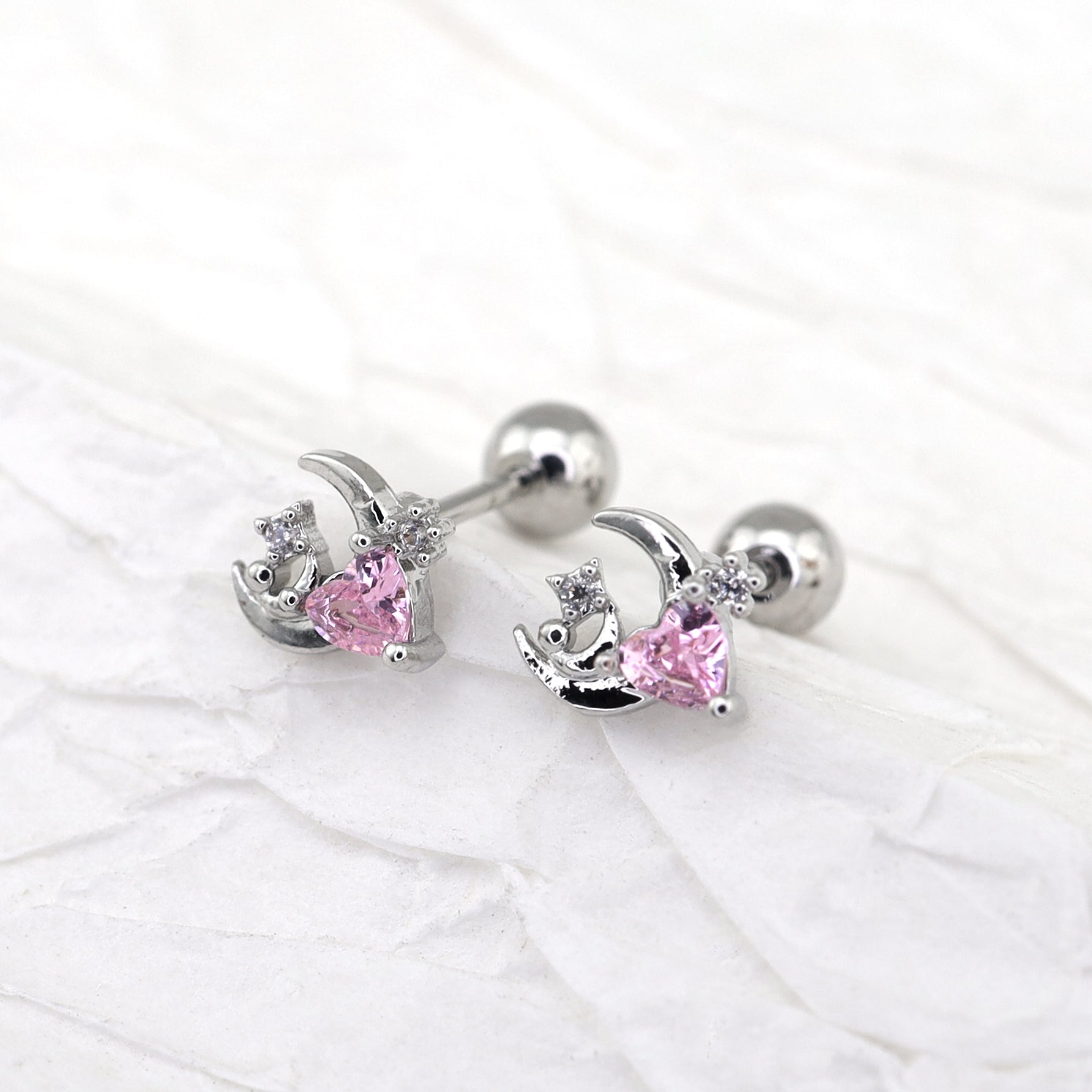 PAIR OF 20G Thin Star Moon Heart CZ Ear Studs - PAIR OF 20G Thin Star Moon Heart CZ Ear Studs - Pink by CRUXJEWELRY