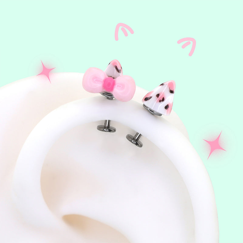 Kitty Bow Leopard Print Titanium Helix Earrings - Kitty Bow Leopard Print Titanium Helix Earrings - Pink Kitty Set / 6mm by CRUXJEWELRY