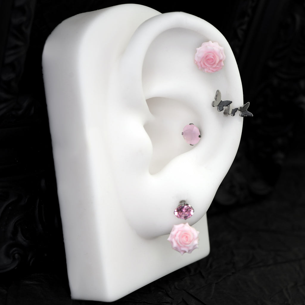 Butterfly Floral Earrings Rose Pink Cartilage & Helix Look - Butterfly Floral Earrings Rose Pink Cartilage & Helix Look - Butterfly by CRUXJEWELRY