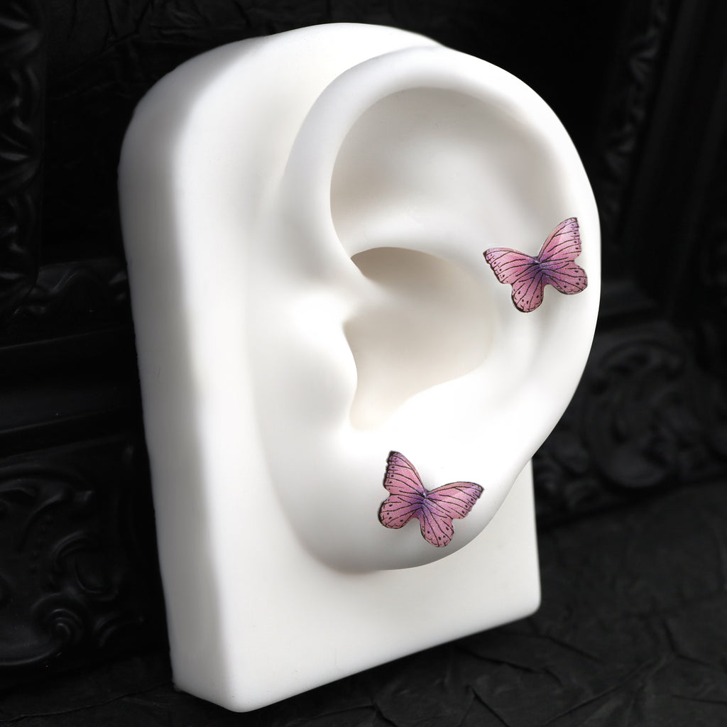 Butterfly Floral Earrings Rose Pink Cartilage & Helix Look - Butterfly Floral Earrings Rose Pink Cartilage & Helix Look - Butterfly by CRUXJEWELRY