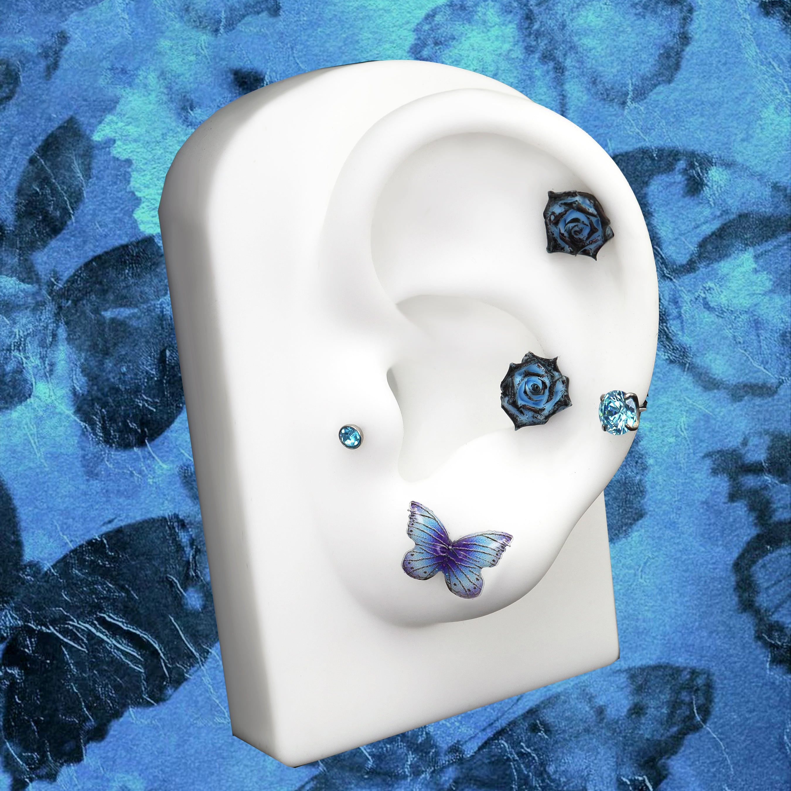 Butterfly Floral Whisper Rose Blue Cartilage & Helix Look - Butterfly Floral Whisper Rose Blue Cartilage & Helix Look - Butterfly by CRUXJEWELRY