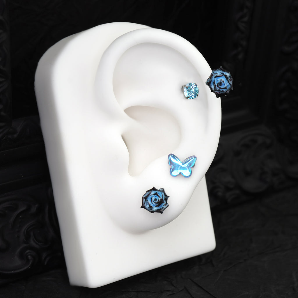 Butterfly Floral Whisper Rose Blue Cartilage & Helix Look - Butterfly Floral Whisper Rose Blue Cartilage & Helix Look - Butterfly by CRUXJEWELRY