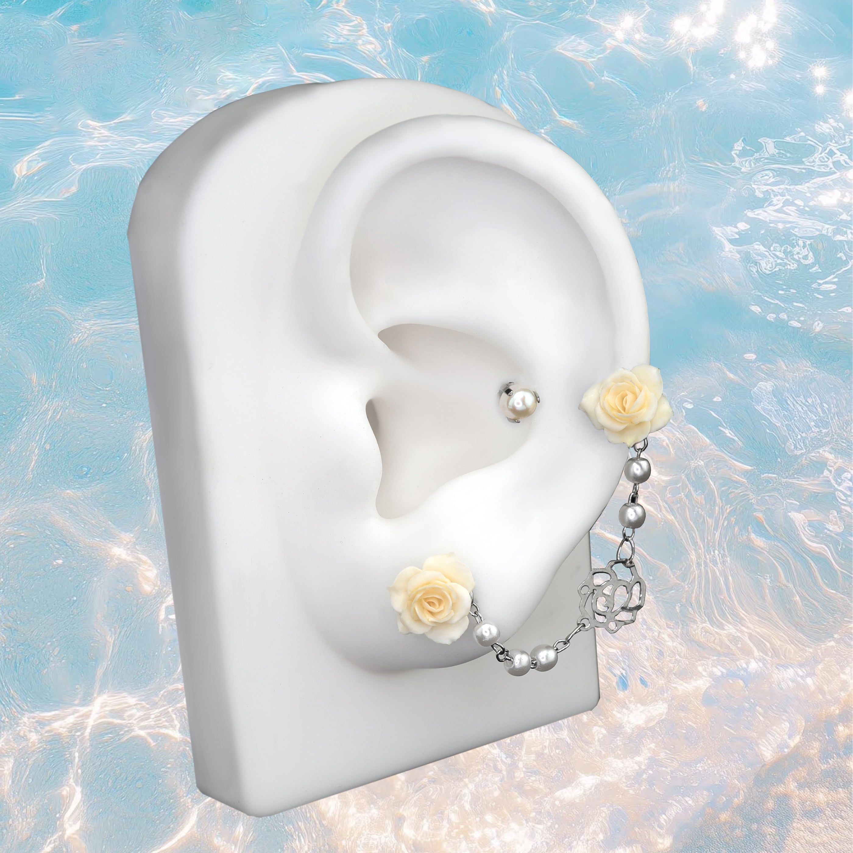 Openwork Rose & Pearl Chain stainless steel Earrings - Openwork Rose & Pearl Chain stainless steel Earrings - Chain by CRUXJEWELRY