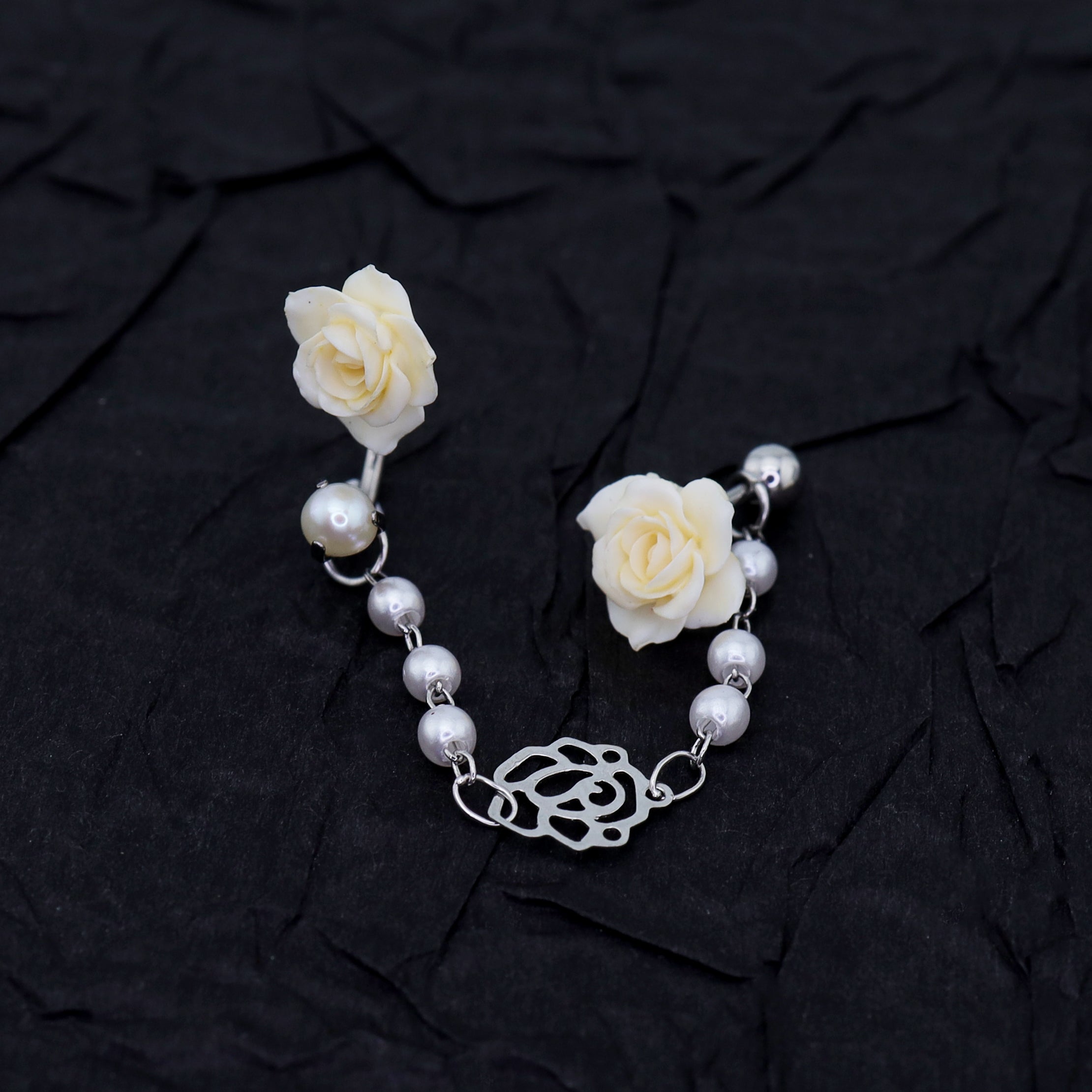 Openwork Rose & Pearl Chain stainless steel Earrings - Openwork Rose & Pearl Chain stainless steel Earrings - Chain by CRUXJEWELRY