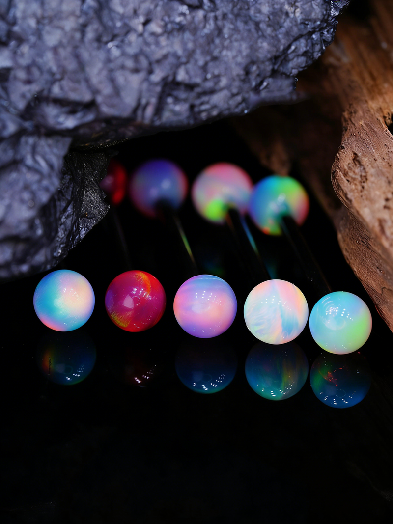 Aurora Iridescent Double 5mm Opal Tongue Ring | F136 Titanium Internally Threaded Nebula - Crux Jewelry product image 1