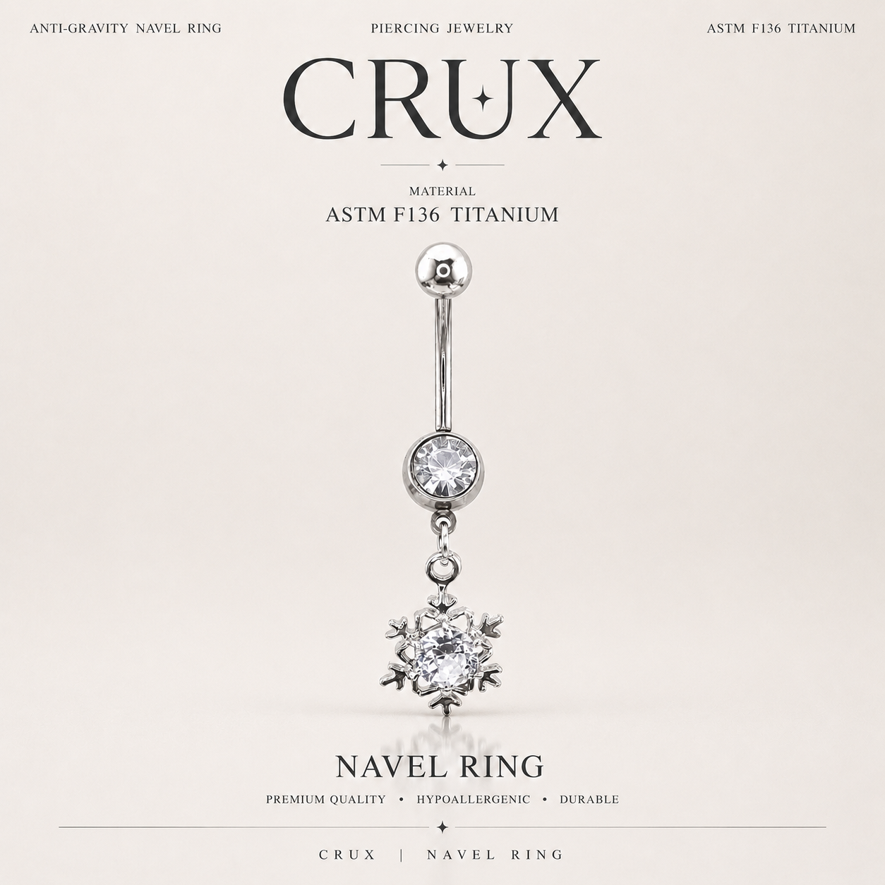 Anneau de nombril pendant en acier inoxydable avec zircon cubique en forme de flocon de neige 