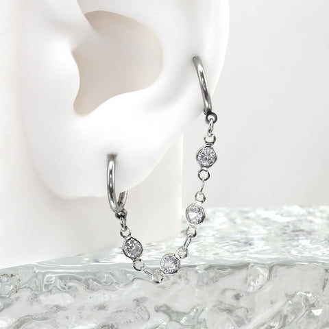 Boucle d'oreille à double trou en acier inoxydable avec chaîne et zircon cubique