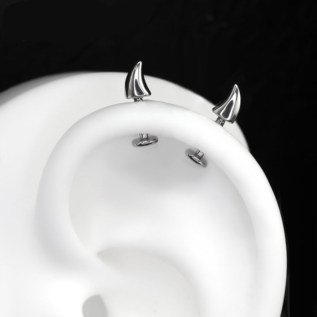 Devil Horn Internally Threaded stainless steel Ear Stud - Devil Horn Internally Threaded stainless steel Ear Stud - Single / 6mm by CRUXJEWELRY