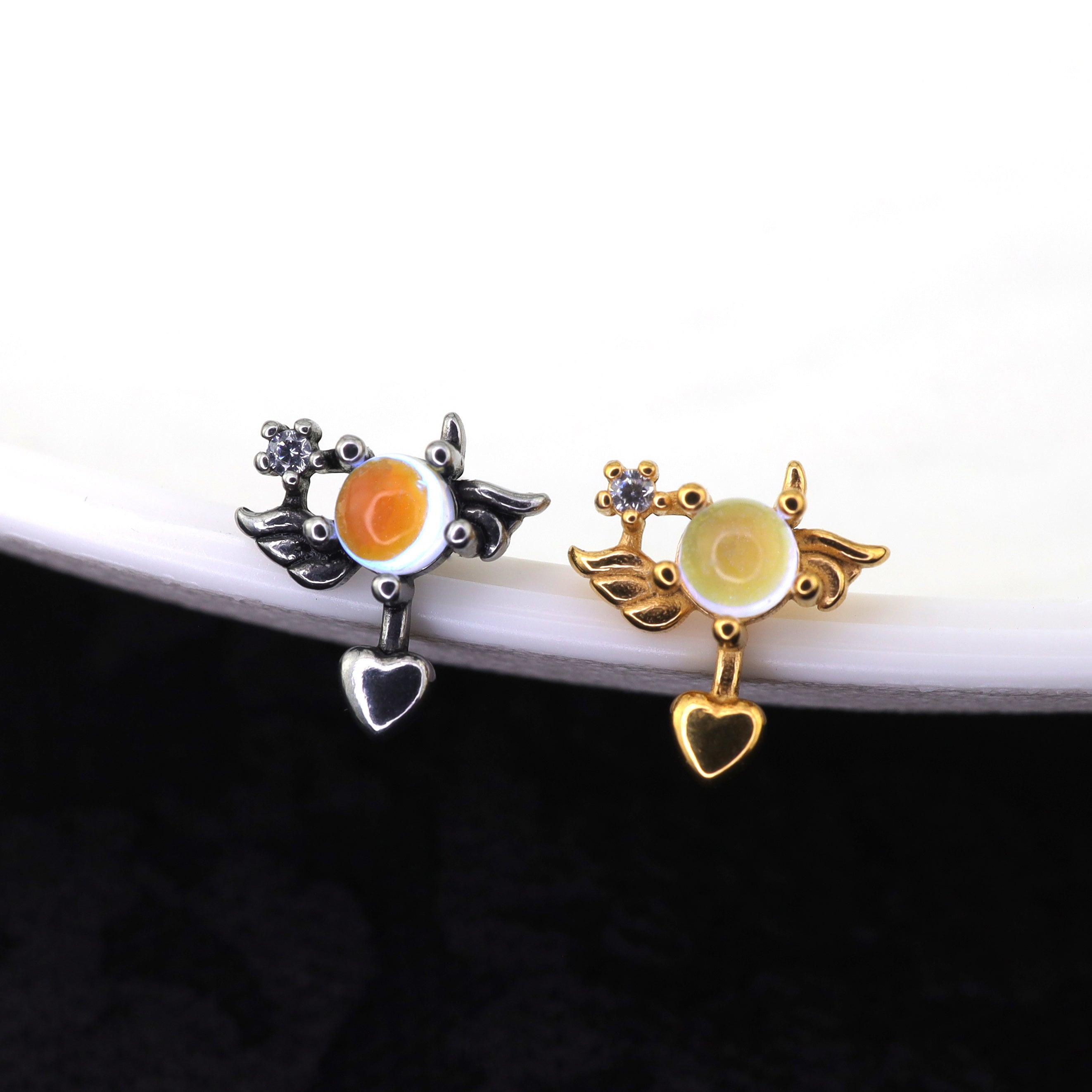 Heart Opal Wing stainless steel Ear Stud - Heart Opal Wing stainless steel Ear Stud - Single / gold by CRUXJEWELRY