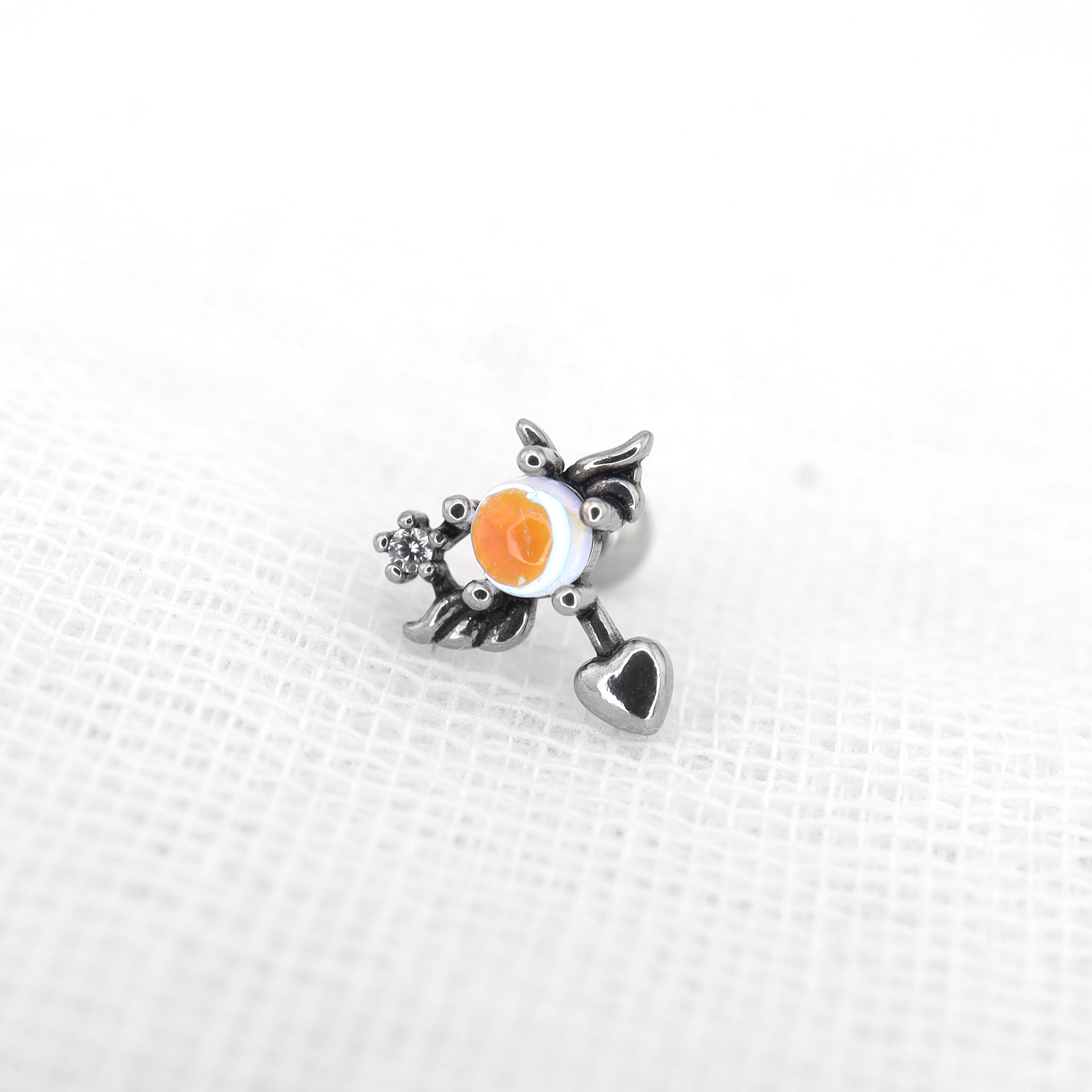 Heart Opal Wing stainless steel Ear Stud - Heart Opal Wing stainless steel Ear Stud - Single / silver-1 by CRUXJEWELRY