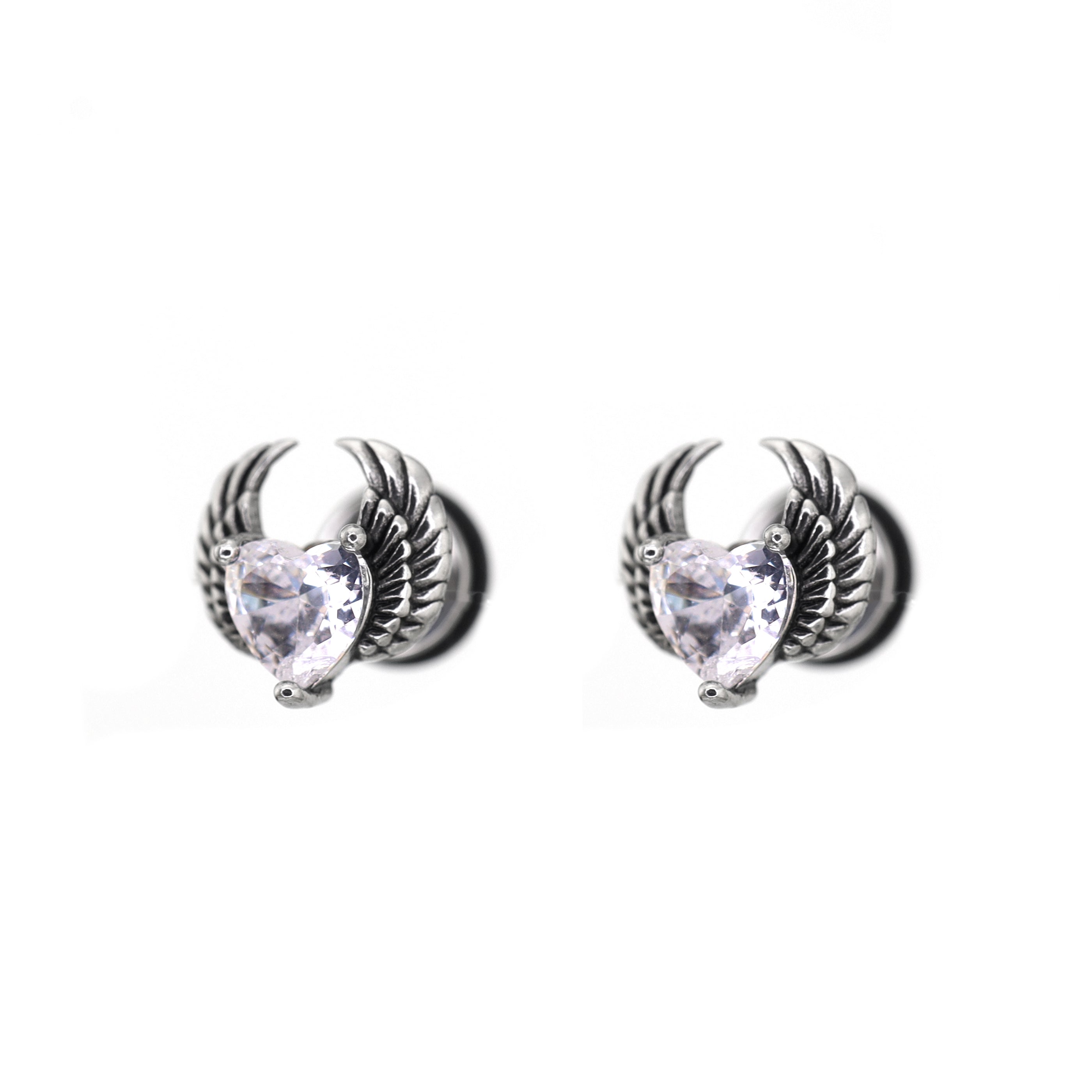 PAIR OF Heart CZ Wing stainless steel Ear Stud - PAIR OF Heart CZ Wing stainless steel Ear Stud - Radiant White by CRUXJEWELRY