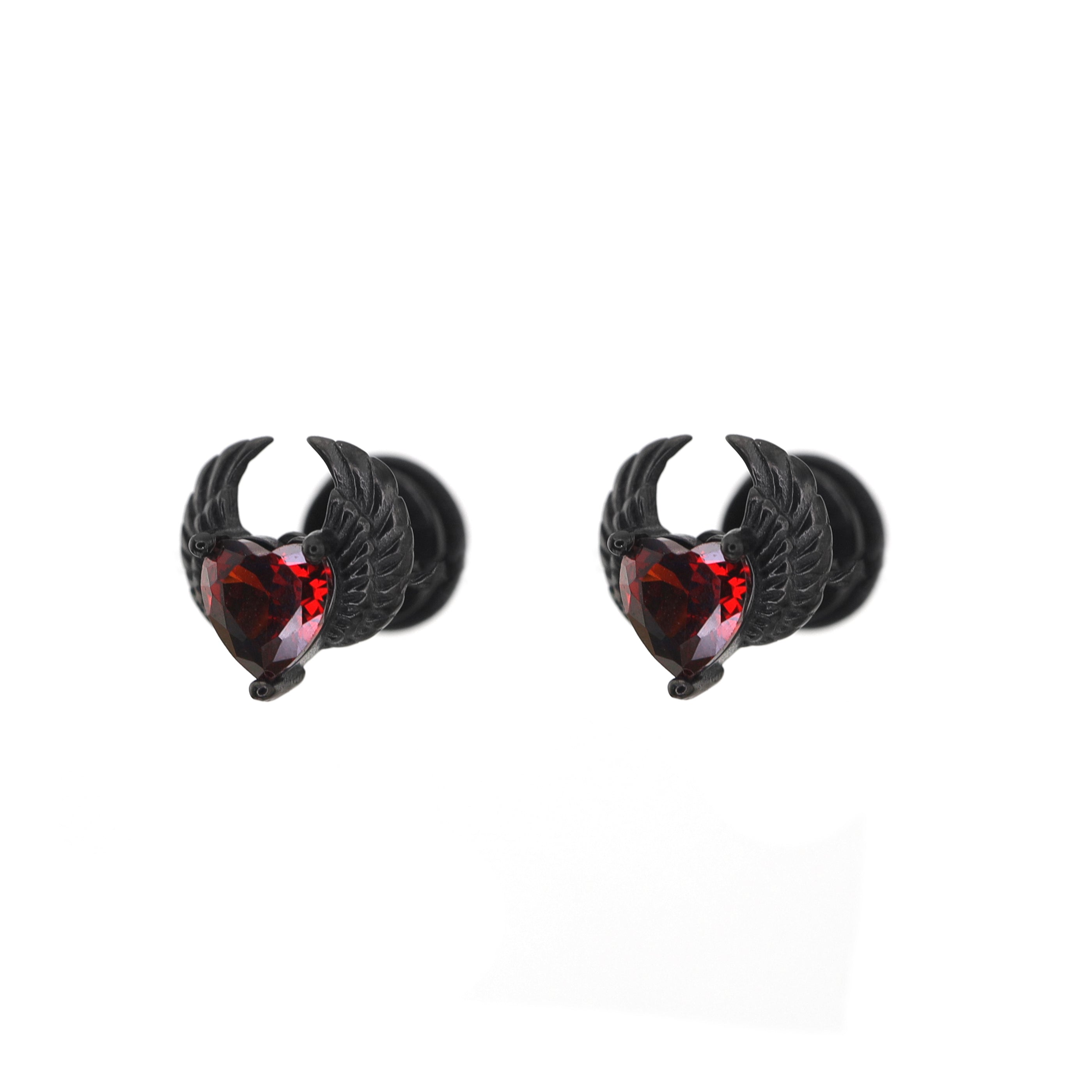 PAIR OF Heart CZ Wing stainless steel Ear Stud - PAIR OF Heart CZ Wing stainless steel Ear Stud - Red by CRUXJEWELRY
