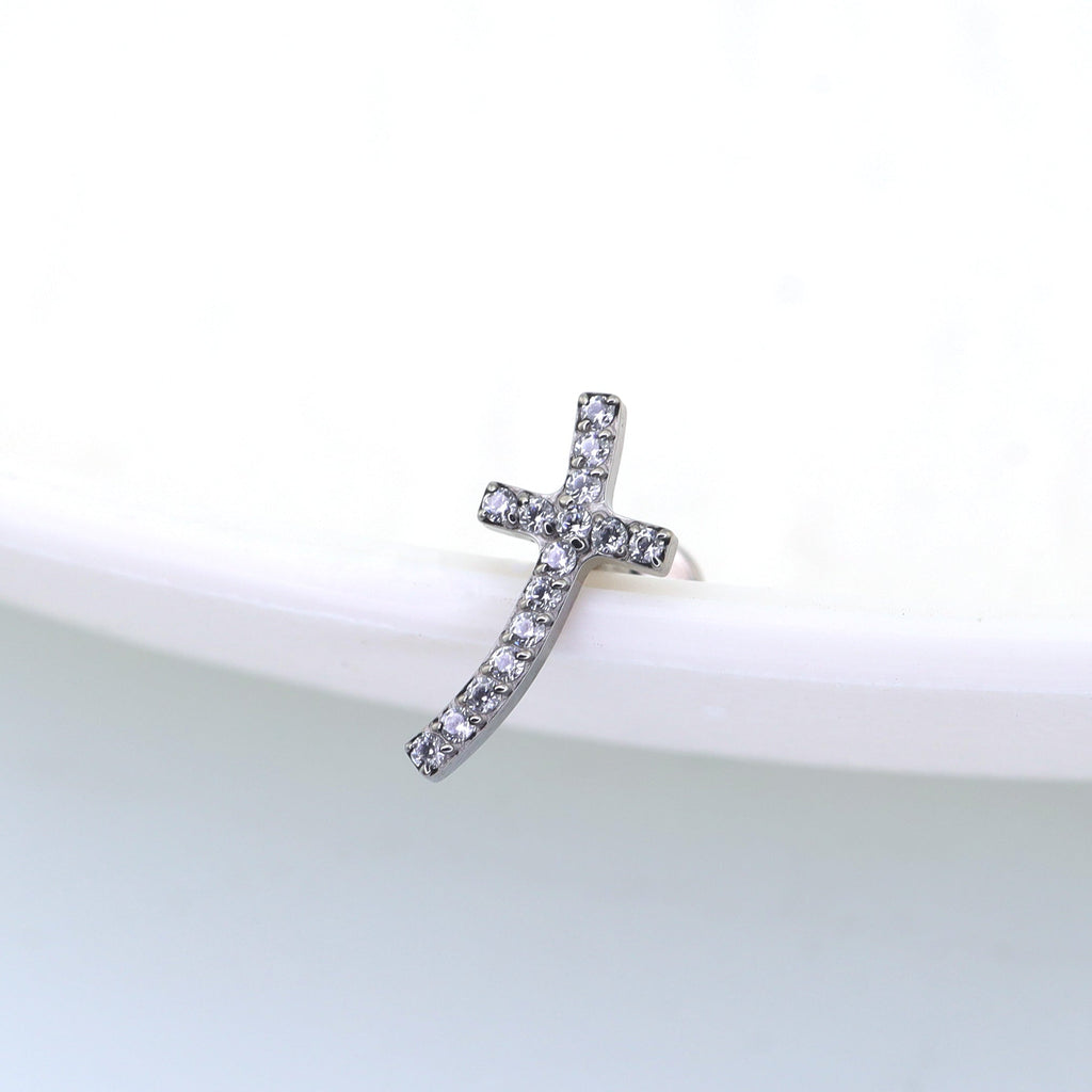 Curved Cross CZ Titanium Ear Stud - Curved Cross CZ Titanium Ear Stud - 6mm by CRUXJEWELRY