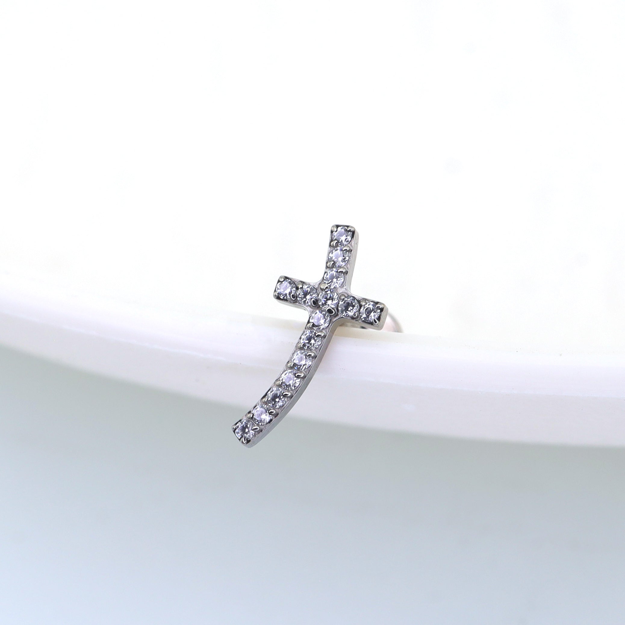 Curved Cross CZ Titanium Ear Stud - Curved Cross CZ Titanium Ear Stud - 6mm by CRUXJEWELRY
