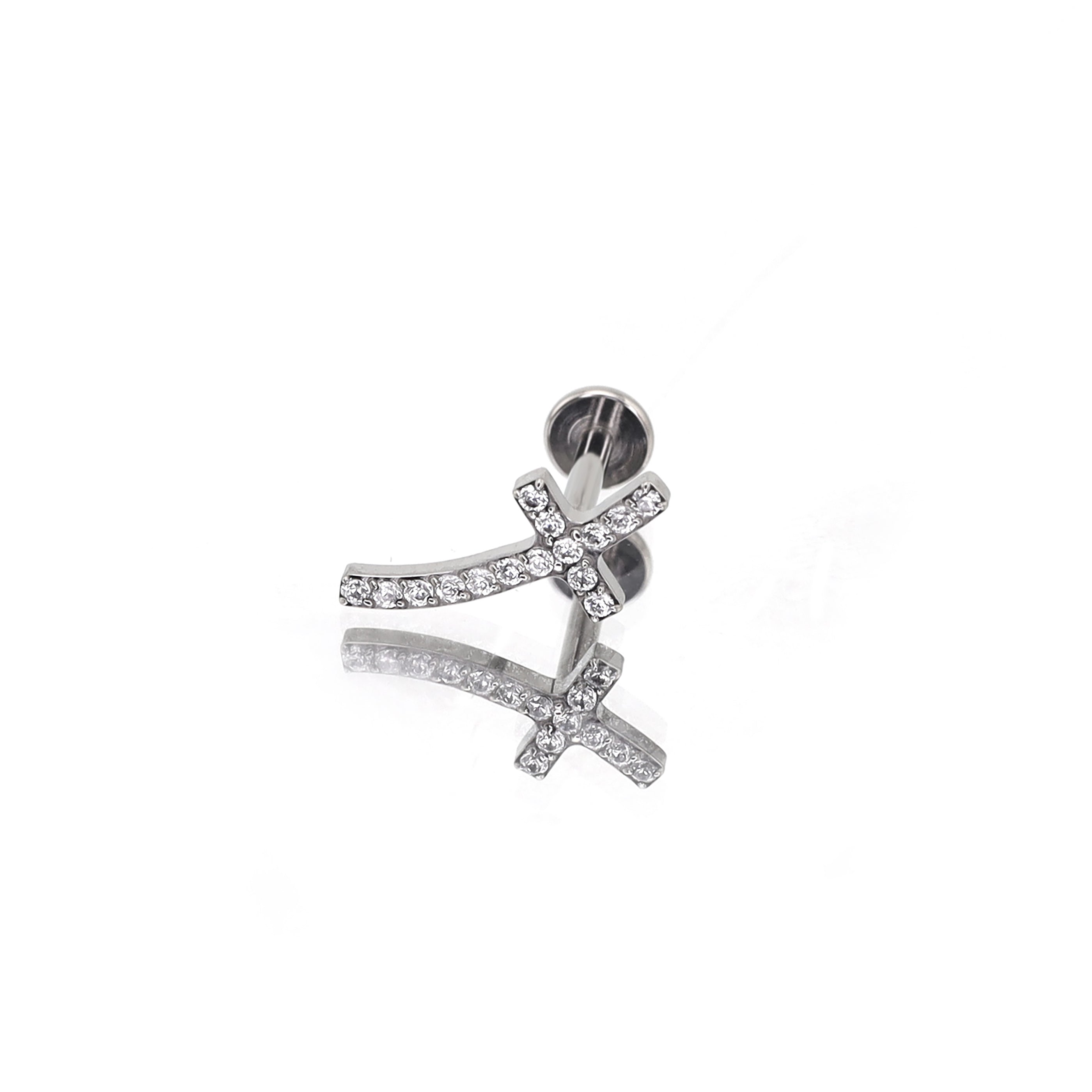 Curved Cross CZ Titanium Ear Stud - Curved Cross CZ Titanium Ear Stud - 6mm by CRUXJEWELRY