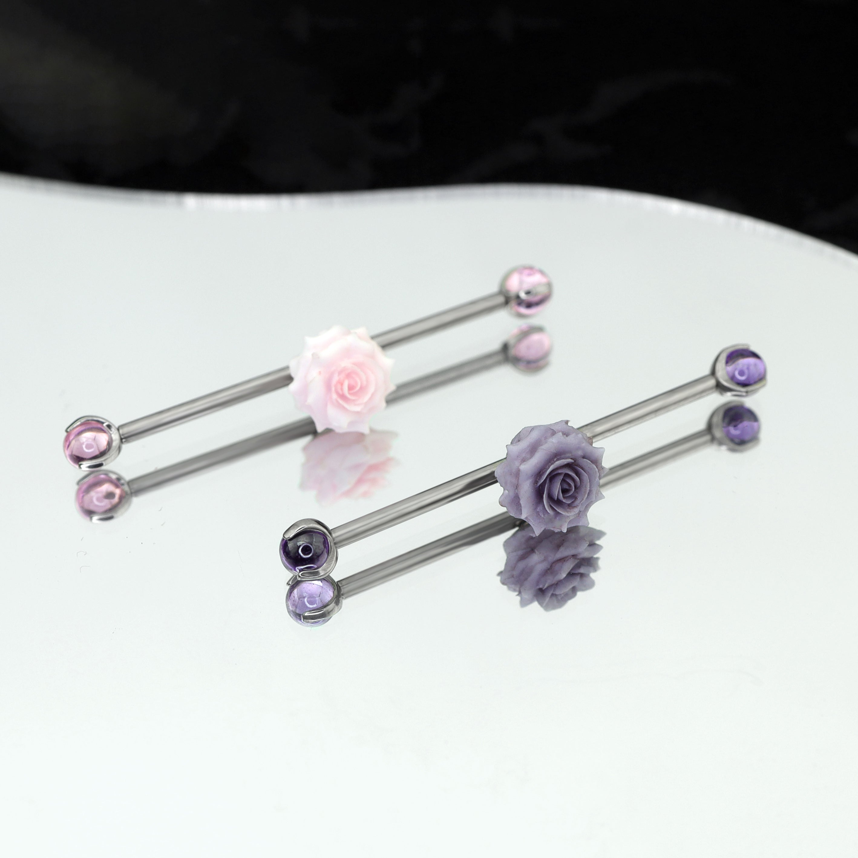 Floral CZ Ball Titanium Industrial Barbell - Floral CZ Ball Titanium Industrial Barbell - Pink / 34mm by CRUXJEWELRY