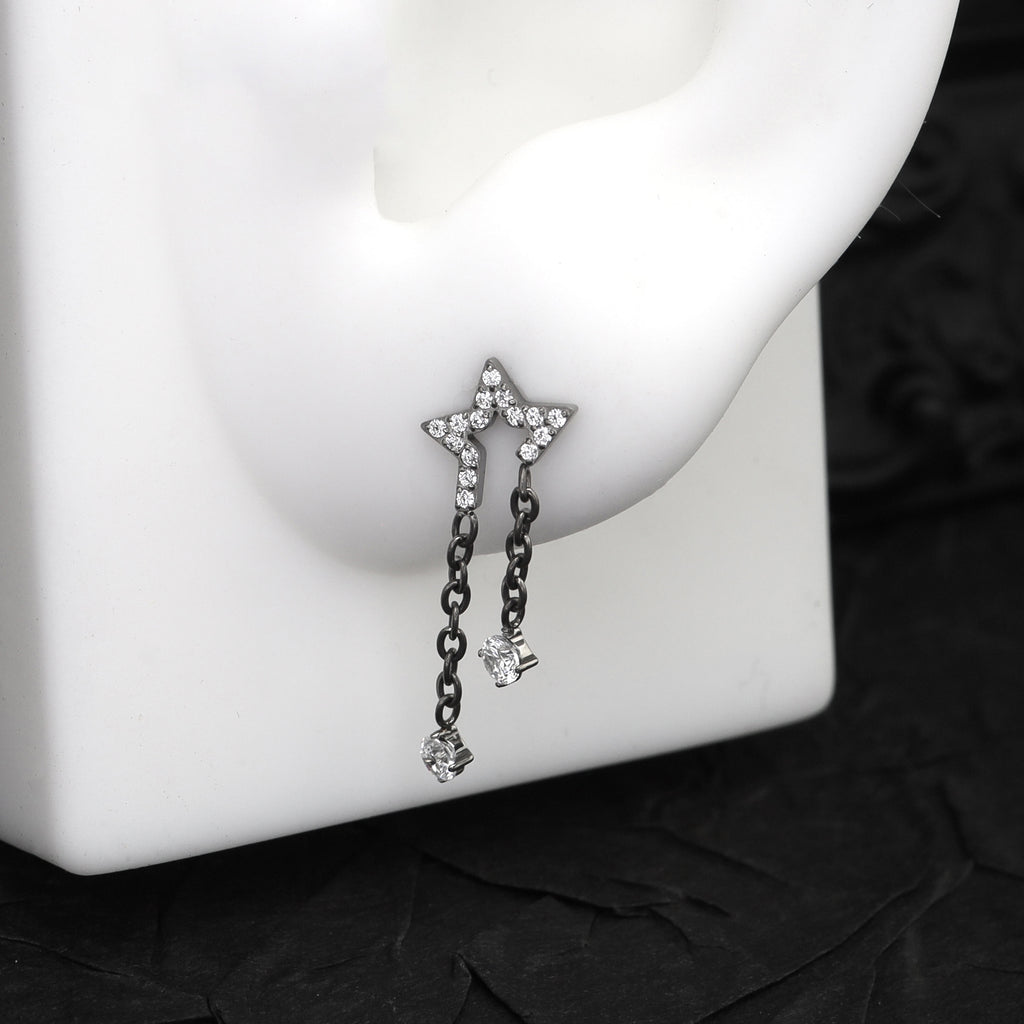 Pentagram CZ Internally Threaded Titanium Dangle Ear Stud - Pentagram CZ Internally Threaded Titanium Dangle Ear Stud - 6mm by CRUXJEWELRY