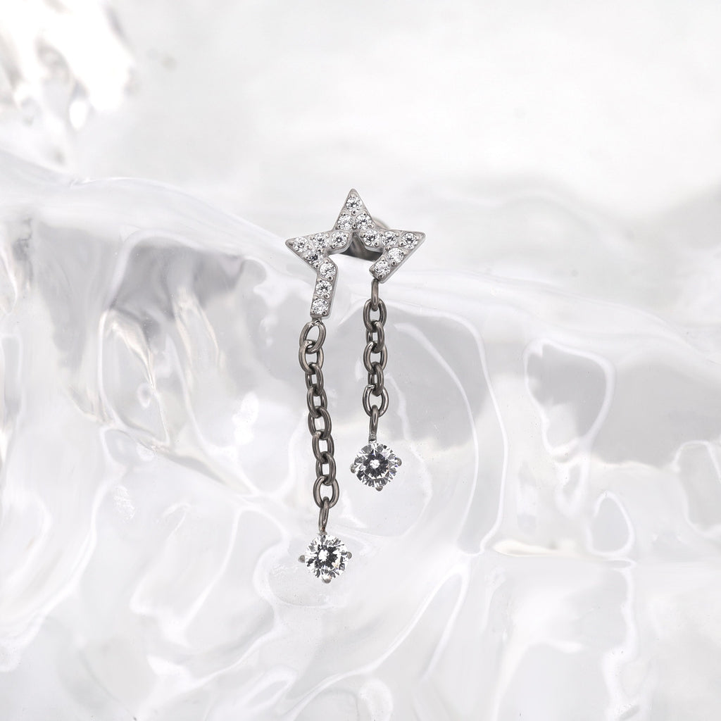 Pentagram CZ Internally Threaded Titanium Dangle Ear Stud - Pentagram CZ Internally Threaded Titanium Dangle Ear Stud - 6mm by CRUXJEWELRY