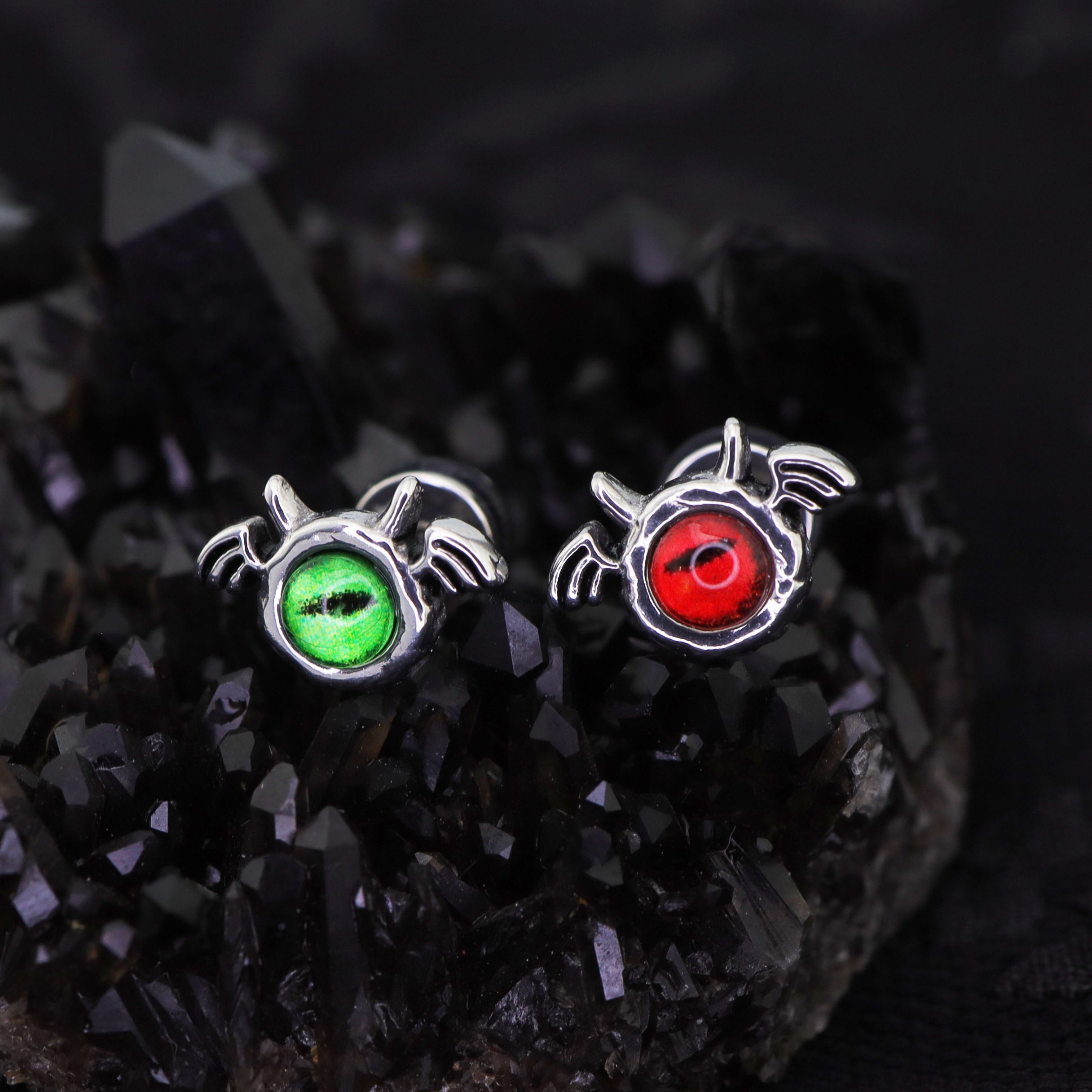 Red & Green Demon Wing stainless steel Ear Stud - Red & Green Demon Wing stainless steel Ear Stud - Red / Single by CRUXJEWELRY